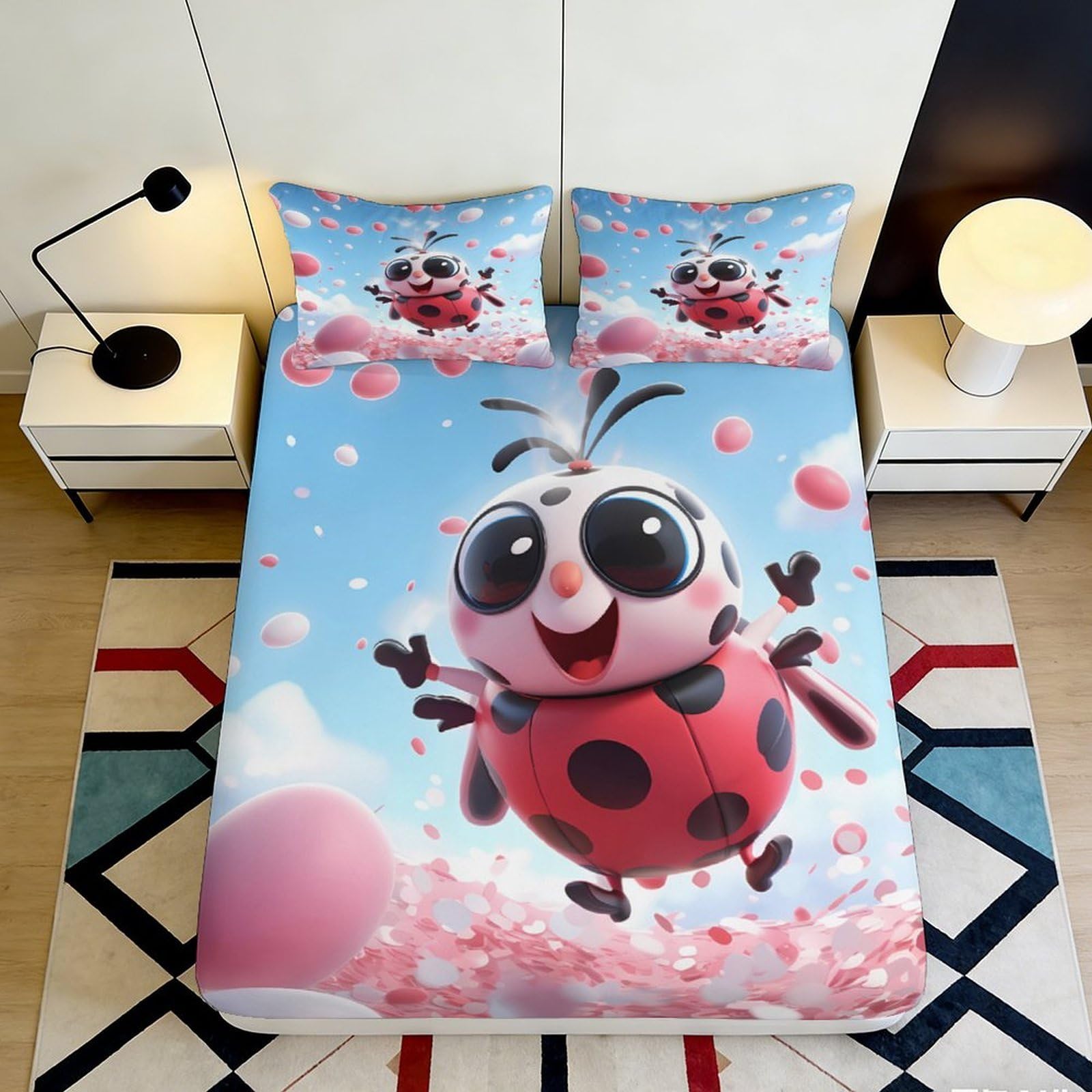 3D Printed Cute Ladybug Fitted Sheet Microfiber Soft Cartoon Insect Bed Cover for Bedroom Guest Room Decor Mattress Protection 90x200x25cm