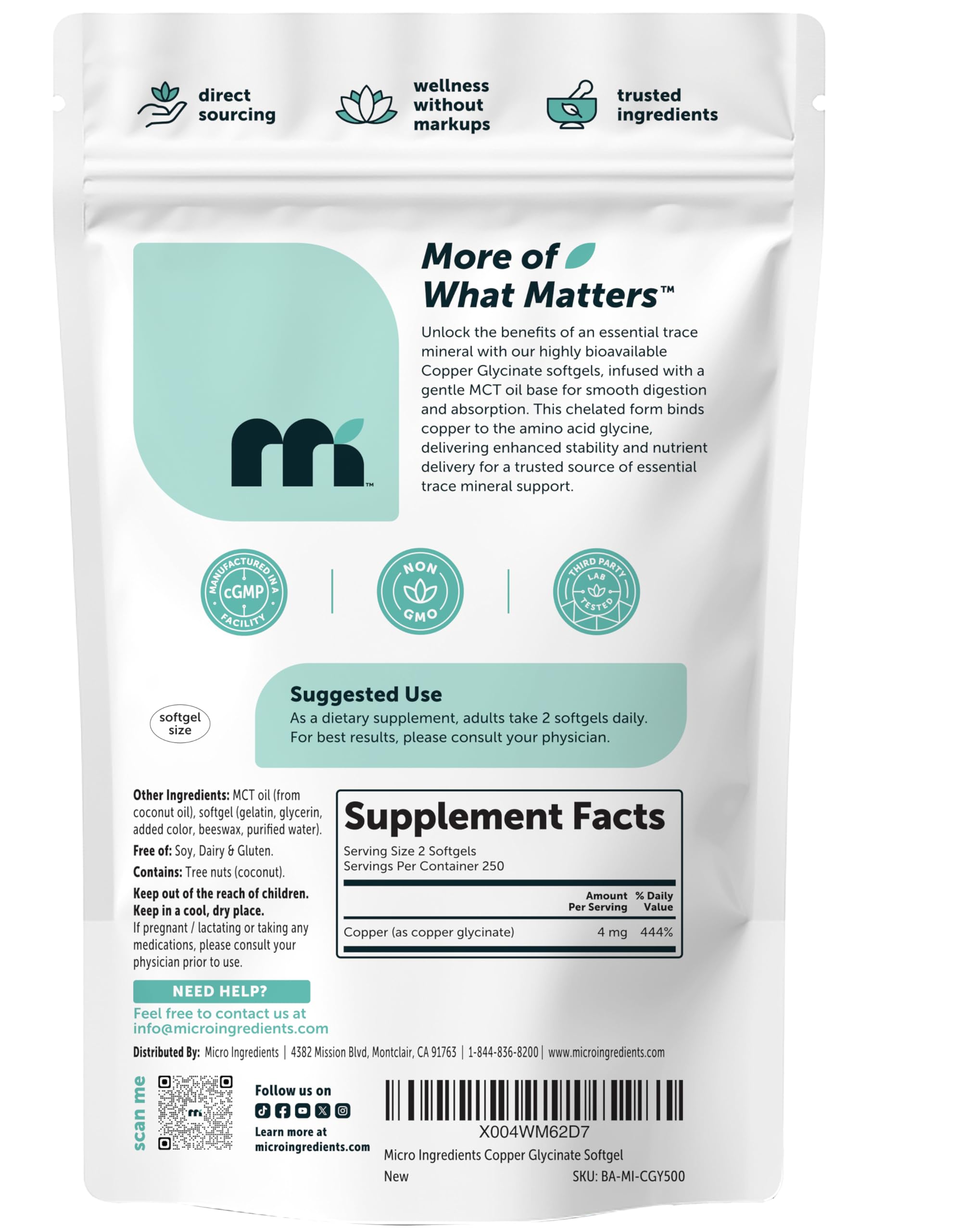Copper Glycinate with MCT Oil, 500 Softgels | 4 mg Elemental Copper Per Serving | Chelated Copper Mineral Supplement | Essential Trace Mineral | Non-GMO, cGMP Manufactured — Amazon image 2