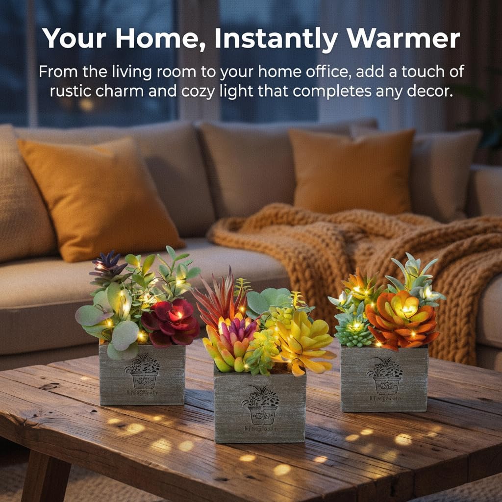 Mingfuxin Succulents Plants Artificial, Small Faux Plants with Lights, Assorted Decorative Fake Succulent Potted for Office Desk Bathroom Bedroom Shelves Windows Room Decor