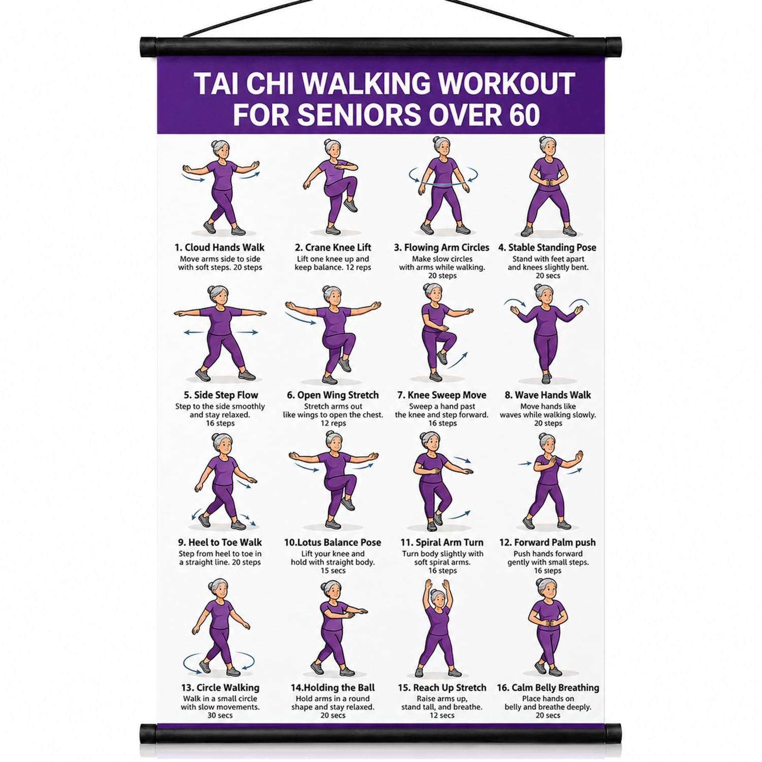 Tai Chi Walking Workout Chart, Tai Chi Walking Exercise Poster for Adults