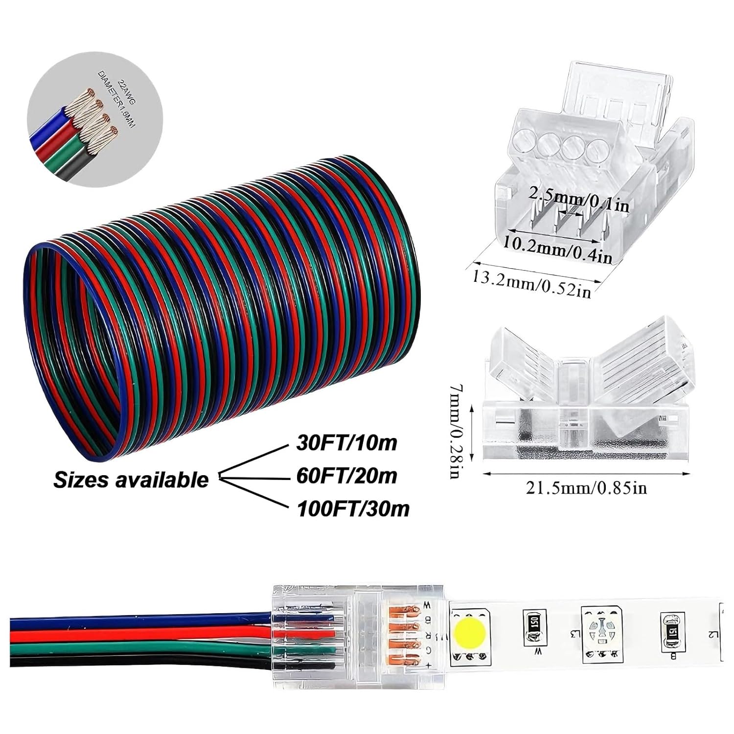 22 Gauge 4 Conductor Extension Cable 10m/20m 4 Pin Stranded Tinned Copper Wire Flame Retardant Flexible Wire 12V 24V DC for LED Strip Light Automotive Wiring(30FT(10m))