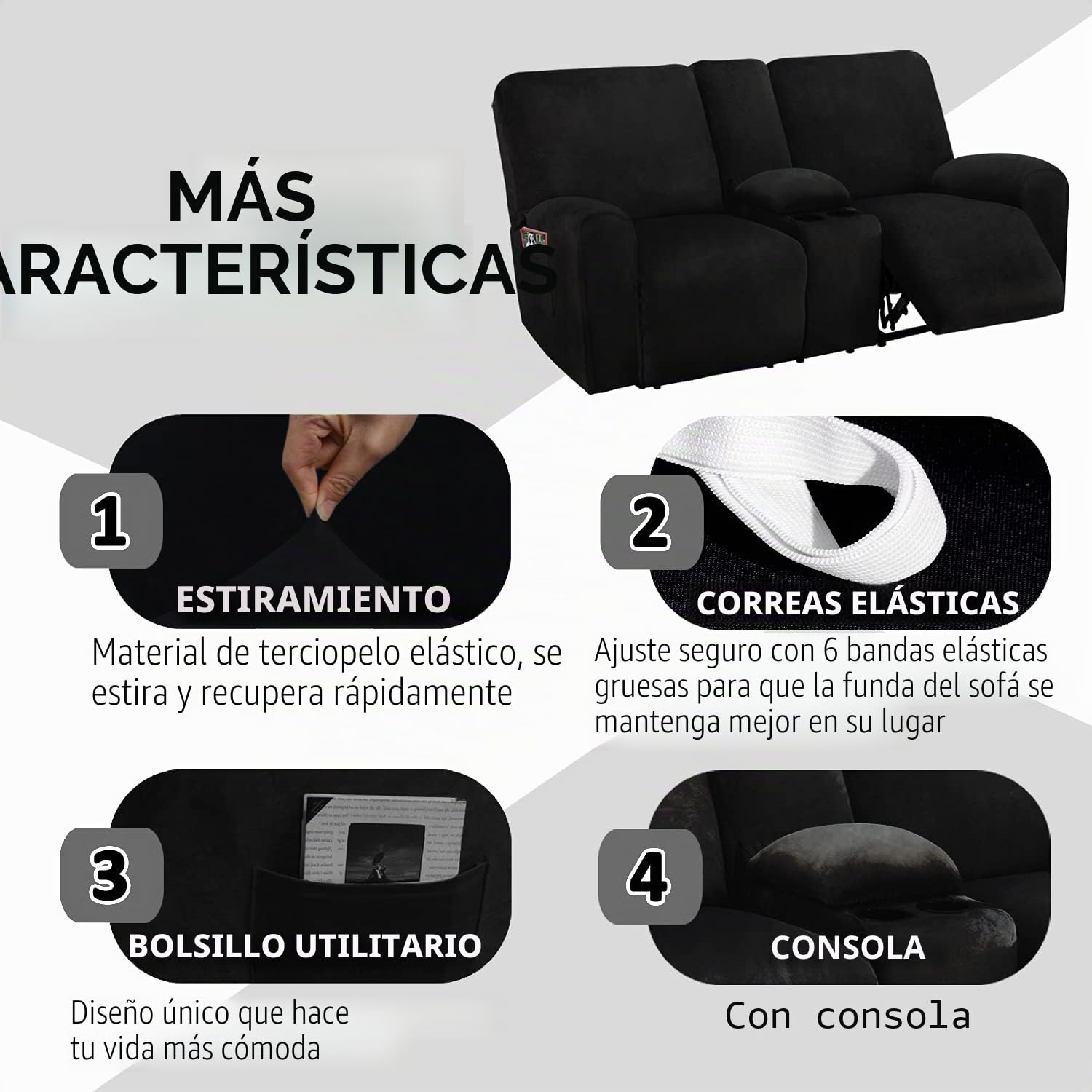 ULTICOR Sofá biplaza reclinable con Funda de Consola Central, 8 Piezas de Terciopelo elástico, Fundas de sofá reclinable, Grueso, Suave, Lavable (Negro)