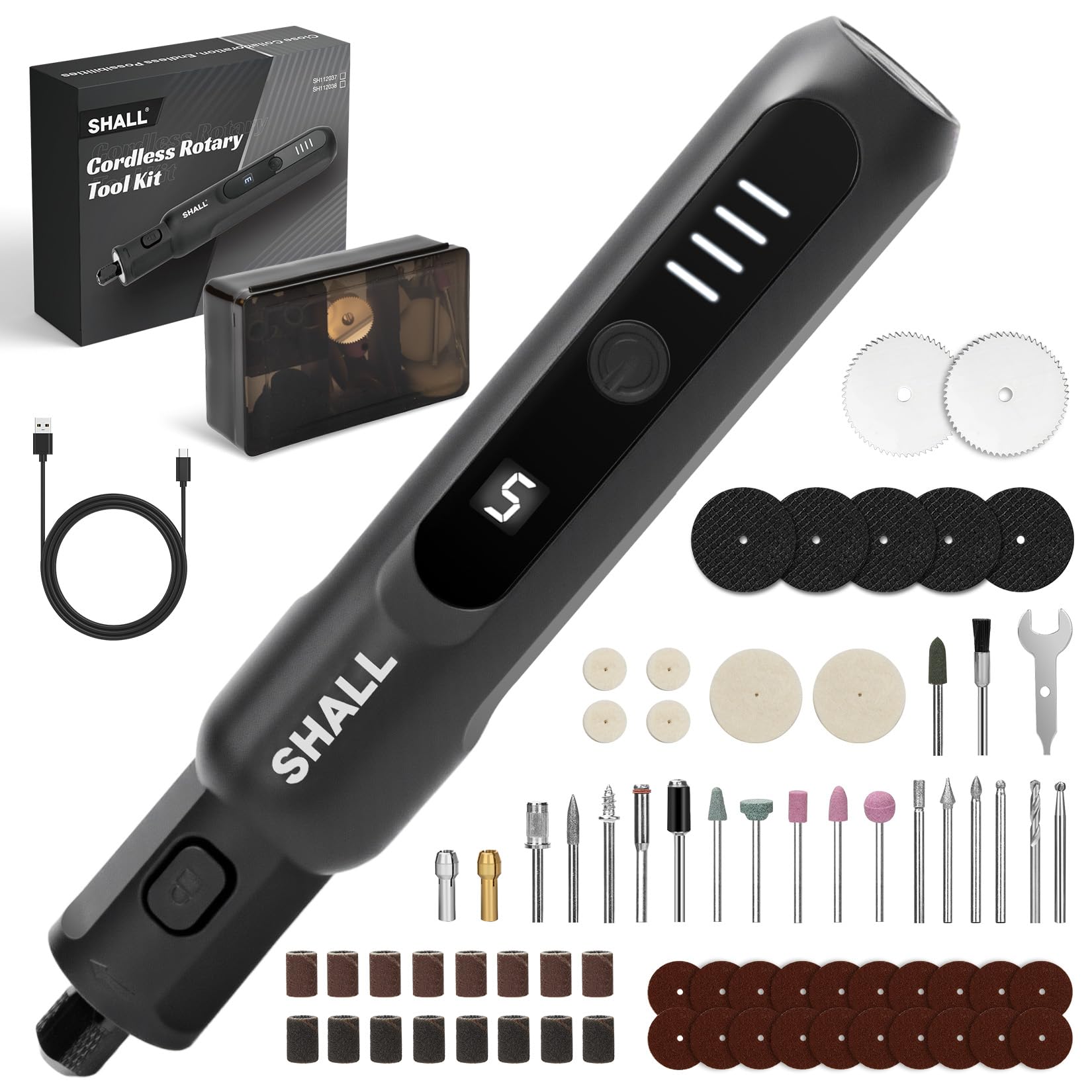 SHALL Mini herramienta giratoria inalámbrica 3.7V, 5000-20000RPM 5 velocidades variables USB recargable con 70 accesorios y luz led, para lijar, pulir, perforar, molir, grabar, cortar, bricolaje