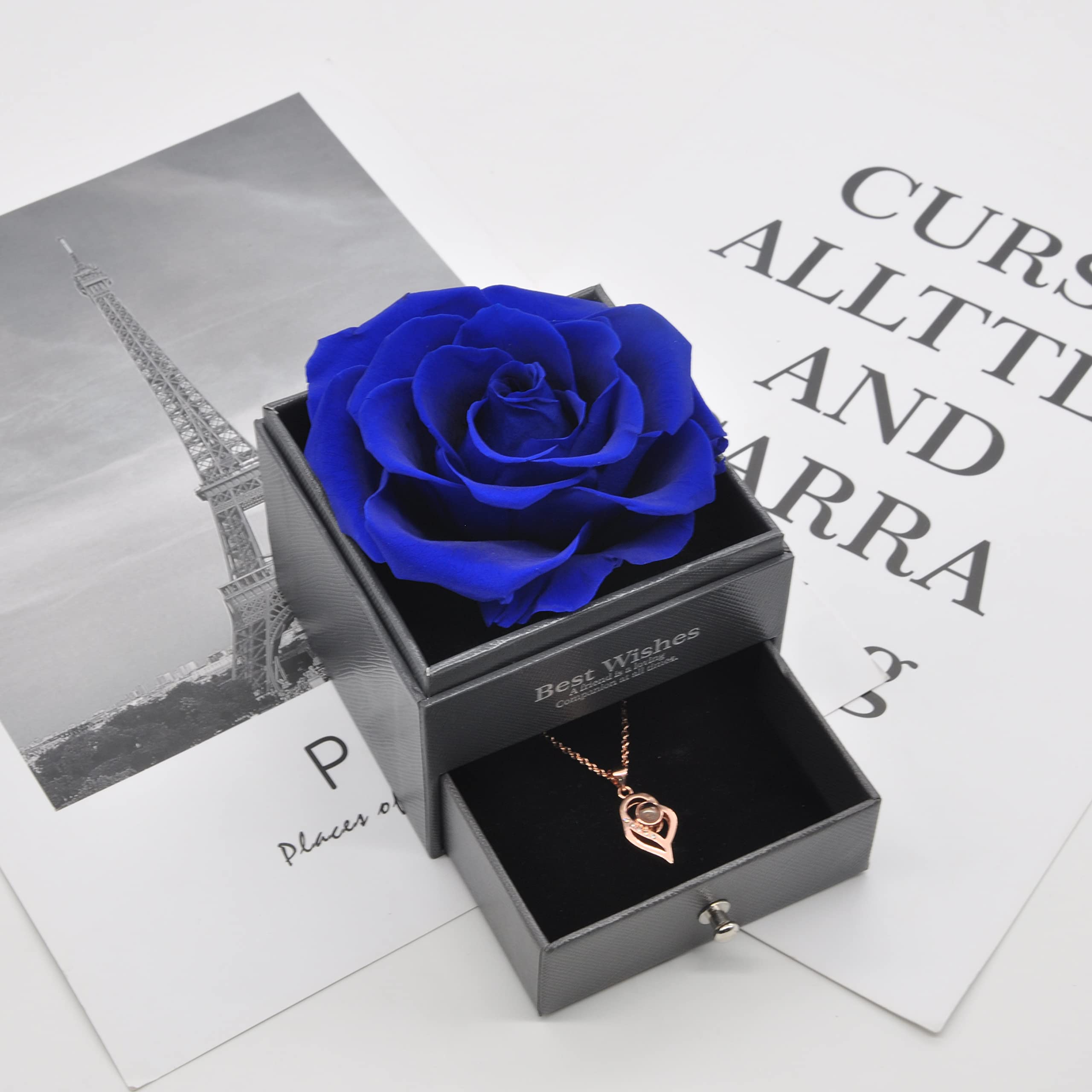 Rose Éternelle En Coffret Cadeau Avec Collier "Je T'aime" 100 Langues - Cadeau Romantique Femme