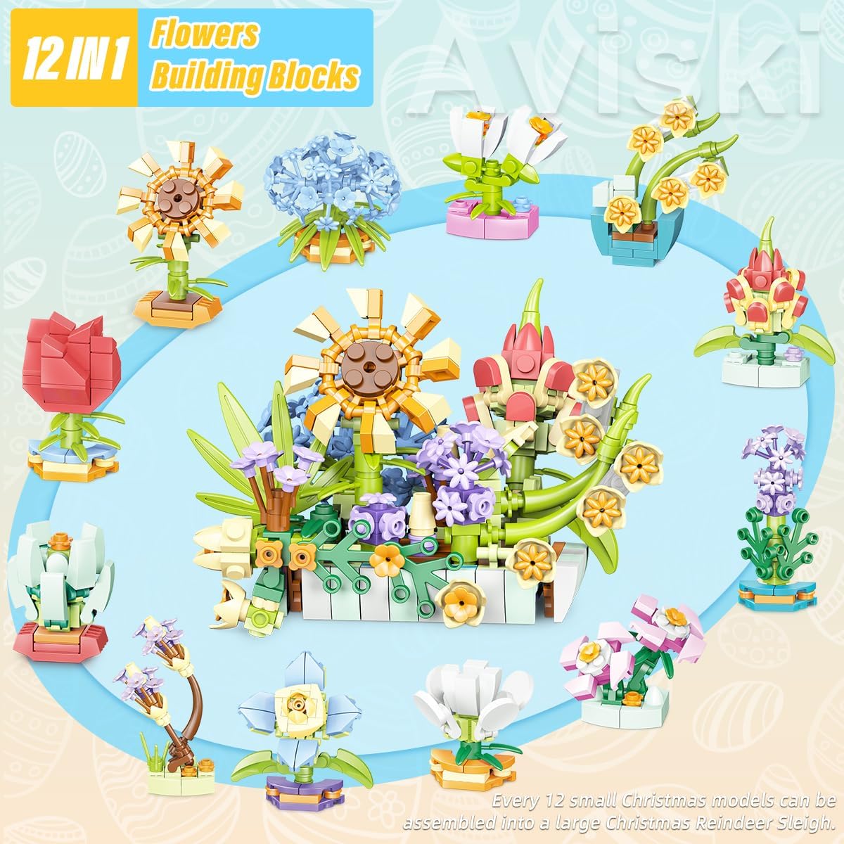 Aviski 12Pcs Easter Plastic Eggs with Flower Building Blocks for Easter Theme Party Favors, Supplies for Easter Egg Hunt, Basket Stuffers/Fillers, Classroom Prize Supplies Toddler Boys Girls