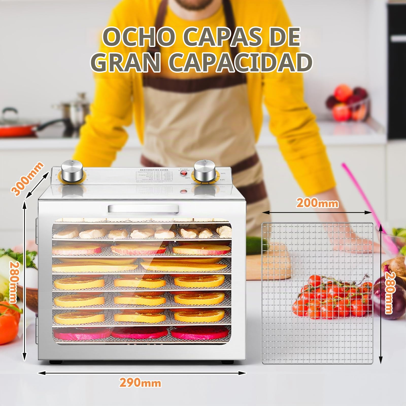 Deshidratador de Alimentos,Deshidratadora de Frutas,Inox Deshidratadora,8 Bandejas De Acero Inoxidable,Control de Temperatura 35-90°C,Con Temporizador,para Frutas, Carnes, Verduras