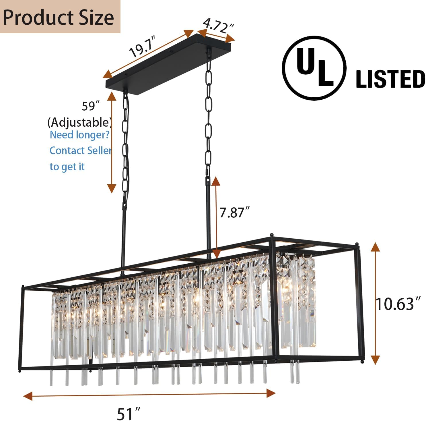 Modern Rectangular Crystal Chandelier, 51 inch Square Industrial Farmhouse Chandelier Black Metal Crystal Pendant Light for Dining Room Kitchen Island Living Room Bedroom