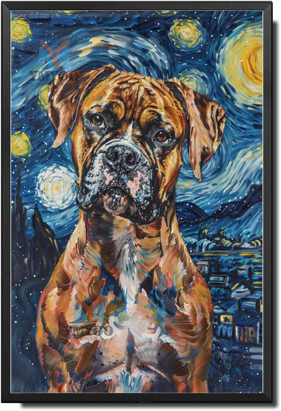 Metal Sign Tin Sign Vintage Wall Art Boxer Night Pup Playful Boxer in A Starry Canvas for Home Den and Seasonal Displays Rustproof Aluminum 12×16 Inches with Metal Frame