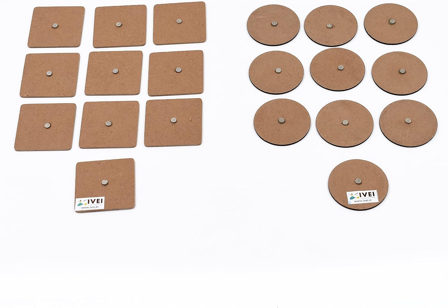 IVEI DIY MDF Wood Sheet Craft Magnet - Plain MDF Fridge Magnet Blanks Cutouts Set for Painting Wooden Sheet Craft, Decoupage, Resin Art Work & Decoration (Square + Round Set of 20)