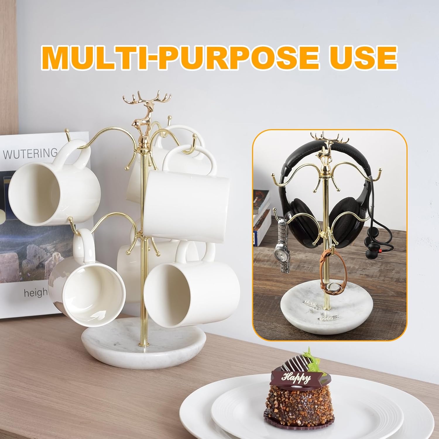 BCS Mug Holder with Marble Base - 6 Hooks Mug Rack Coffee Cup Storage Tree Jewelry Display Stand Holder for Countertop