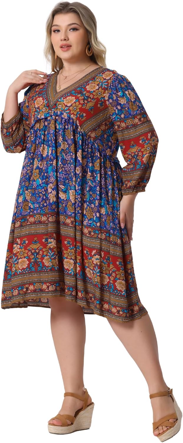 Agnes Orinda Plus Size Summer Dress for Women Casual Boho Floral V Neck 3/4 Sleeve Midi Short Beach Dress - Image 3