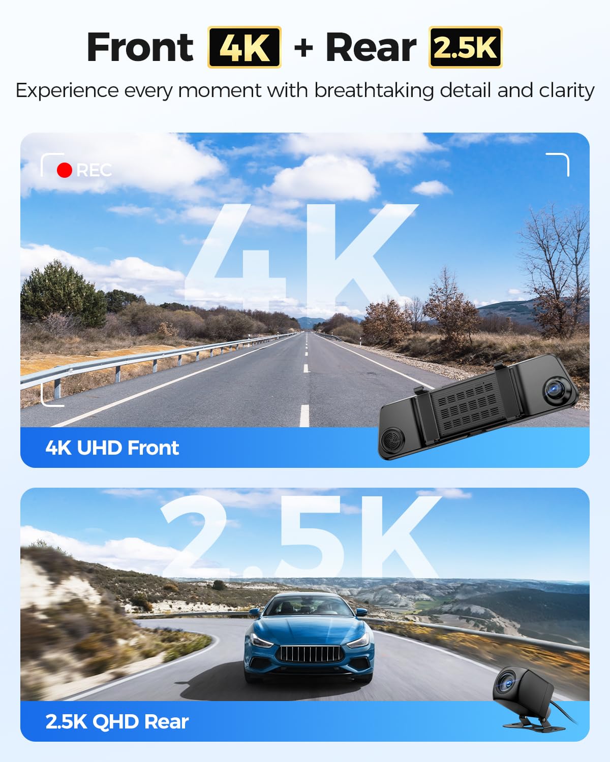 AZDOME Cámara para salpicadero de coche con espejo 4K, parte delantera y trasera de 2,5 K, cámara de coche WiFi 5G, tarjeta de 64 GB incluida, cámara de salpicadero de visión nocturna, GPS, control