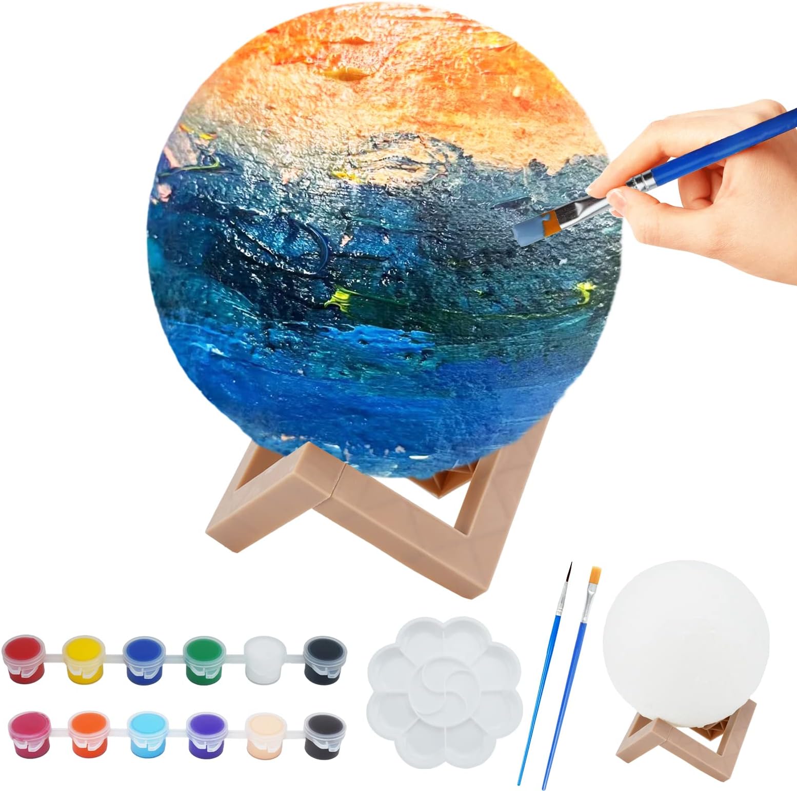 HAPMARSPaint Your Own Moon Lamp Kit, DIY 3D Night Light, with Stand, Paints & Brushes, Arts Crafts for Children to Paint, Kids Gift for Christmas Birthday Halloween Ages 3 4 5 6 7 8 9 10 11 12+