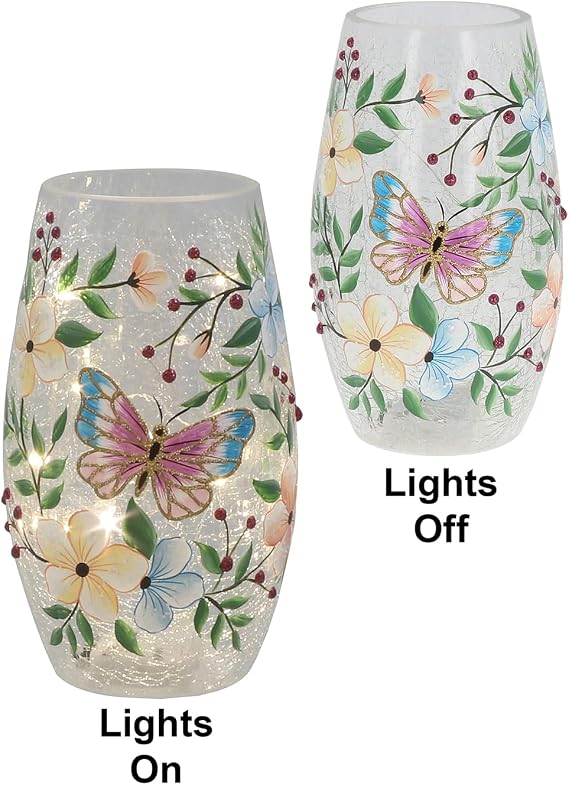 Shudehill Giftware Crackle Glass LED Vase with Butterfly and Floral Design, Light Up Decorative Piece