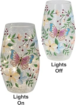 Shudehill Giftware Crackle Glass LED Vase with Butterfly and Floral Design, Light Up Decorative Piece