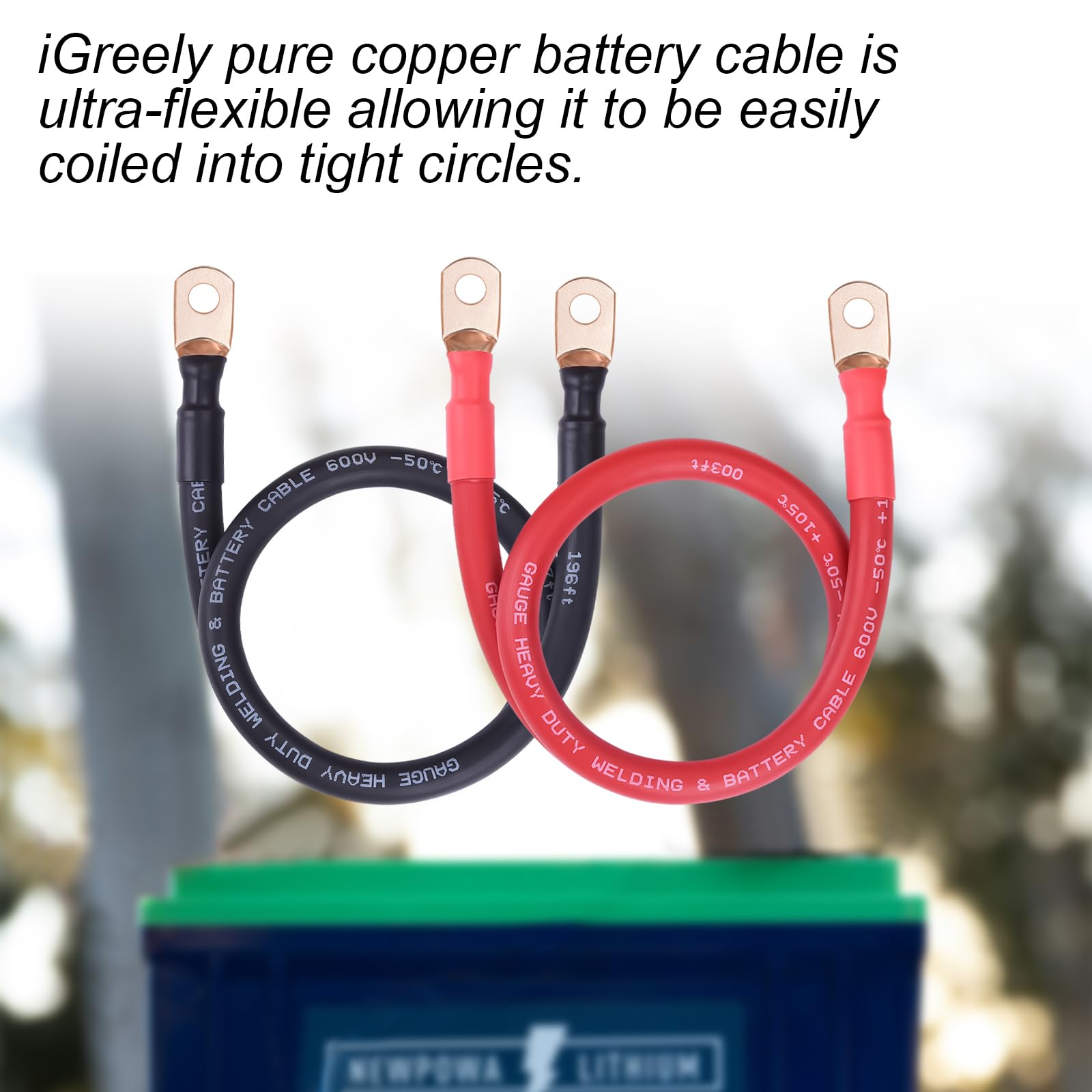 iGreely Cable de batería de calibre 1/0 AWG, alambre de cobre puro, cables inversores de energía de batería con lengüetas de 3/8 pulgadas para panel solar, motor de arrastre, automóvil, motocicleta