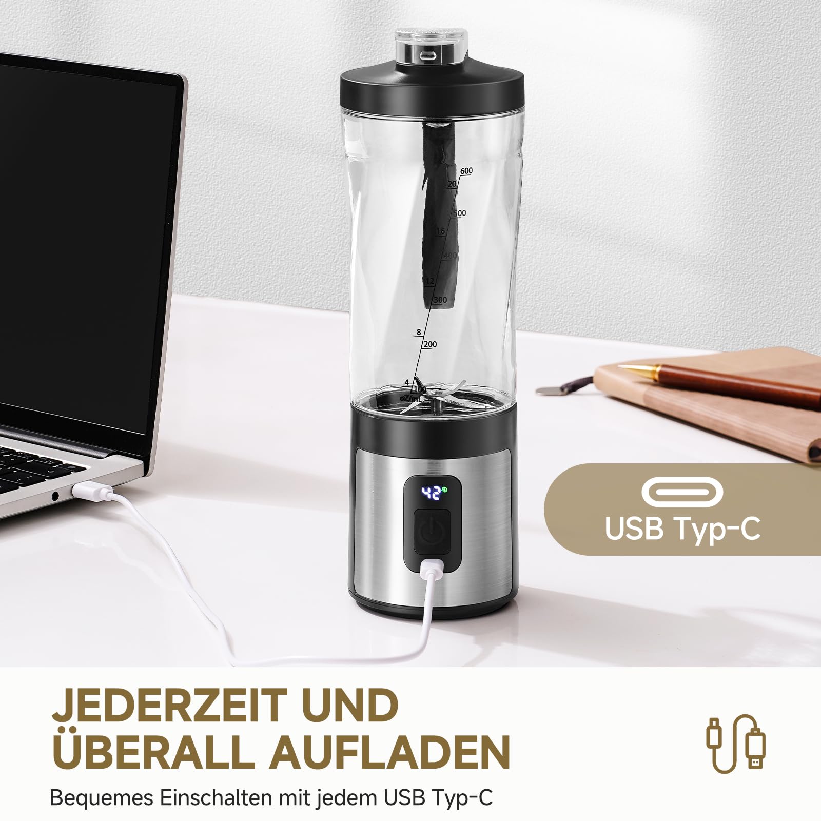 AMZCHEF Tragbarer Mixer 600ml - Smoothie Maker mit 6 Klingen,120W Motor Mixer to Go, Schnellladung über USB-C, IPX6 Wasserdicht, BPA-Frei,Mini-Mixer für Shakes Smoothies Proteinpulver