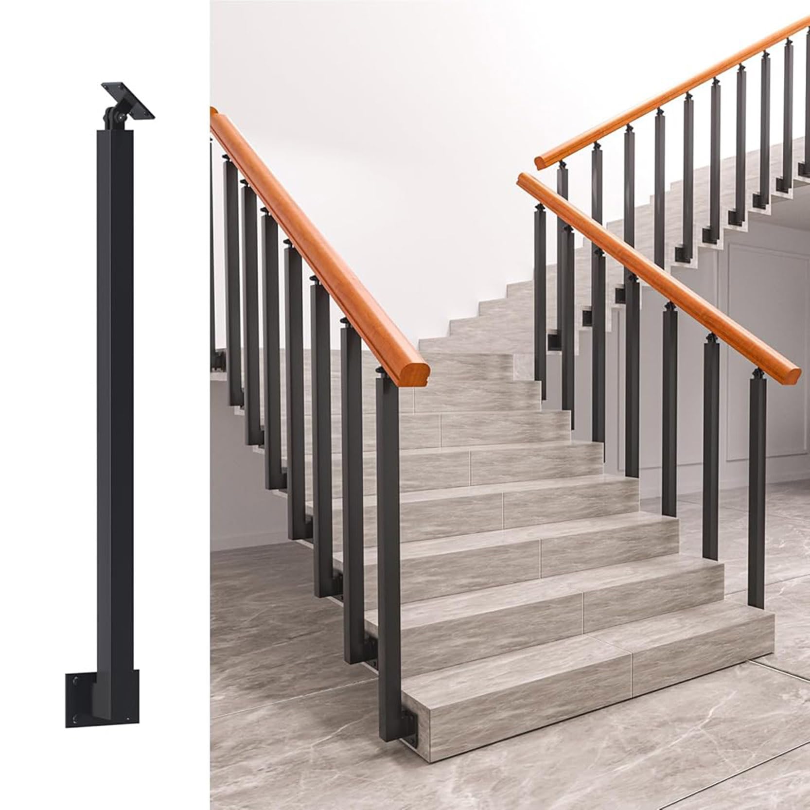 Main courante carrée en métal de 95 cm avec angle réglable à 270° pour poteau