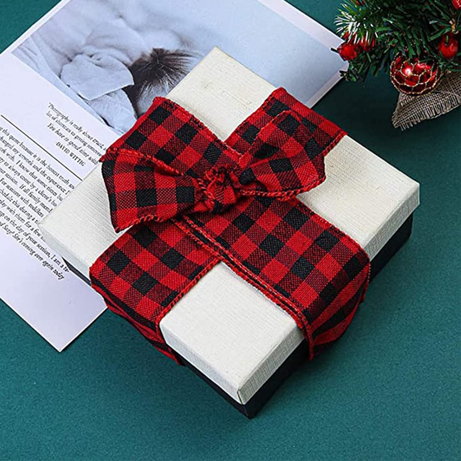 2 Rolls Burlap Ribbon Gingham Buffalo Plaid Red and Black Wired Ribbon Weave Ribbon with Wired Edge for Christmas Fall Gift Wreaths Craft Decoration, 2.4 Inches by 315 Inches