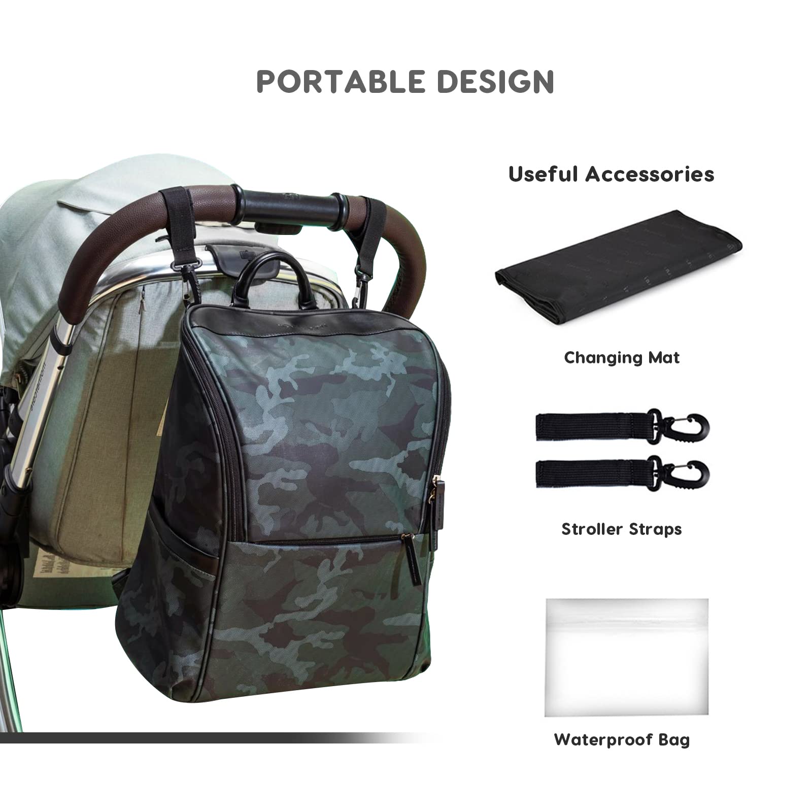 SONARIN Camo Sacs à Dos à Langer pour Bébé,Sacs à Langer Grande Imperméable Sac à Couches de Voyage Multifonctionnel avec Matelas à Langer & Crochets de Poussette pour Maman & Papa(Vert)