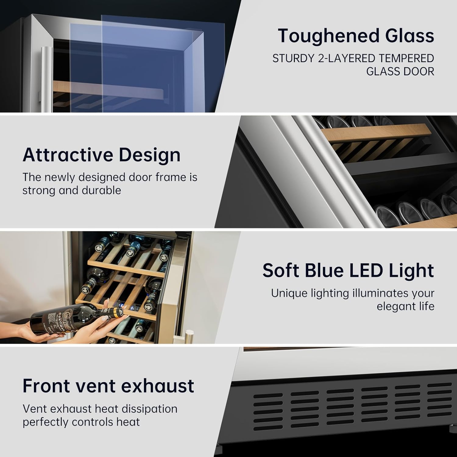 KingChii 24 Inch 46 Bottle Dual Zone Wine Cooler Refrigerator Professional Compressor, Stainless Steel & Tempered Glass For Red Wine, Champagne - Built-in or Freestanding for Home, Kitchen, or Office