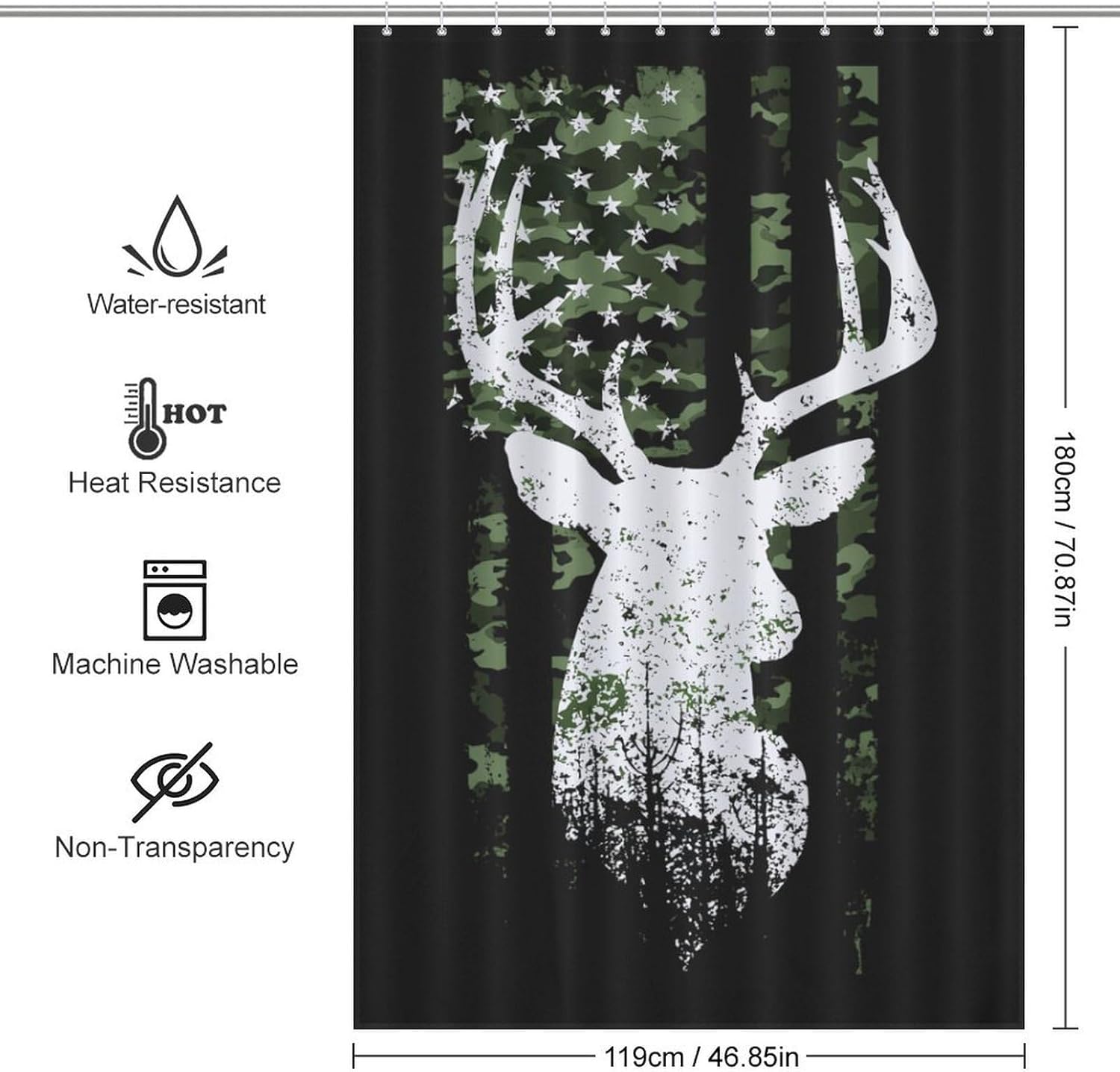 US Flag Deer Hunting Camouflage Shower Curtain 46.85x70.87Inch（119x180cm） Polyester Bath Curtain Shower Curtains Printed Decorative