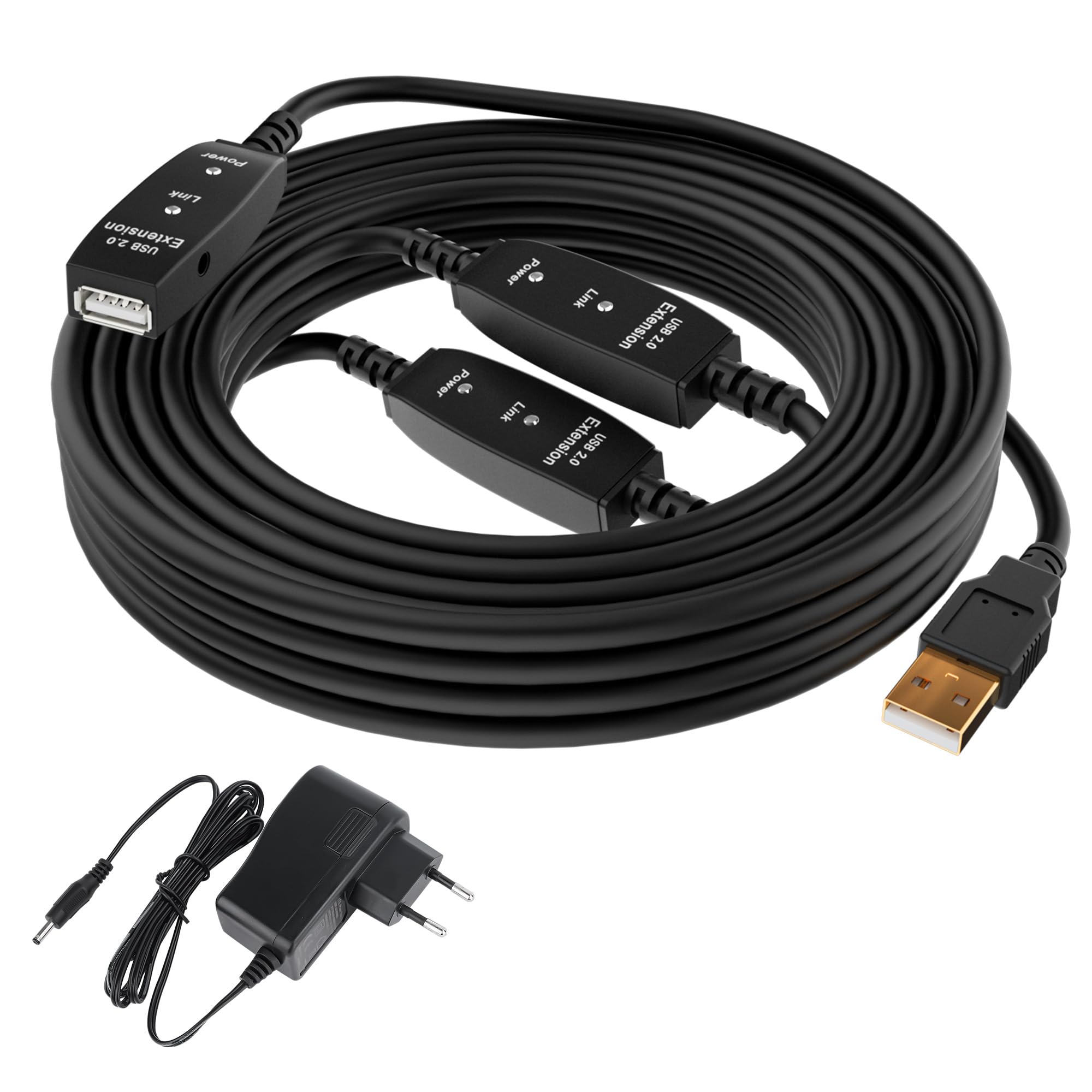 USB 2.0 Aktiv Verlängerungskabel 30m,Typ A Stecker auf Buchse,mit 3 Signalverstärker und doppelter LED-Arbeitsanzeige,ABS-Gehäuse,DC Schnittstelle(DC Netzteil im Lieferumfang enthalten)