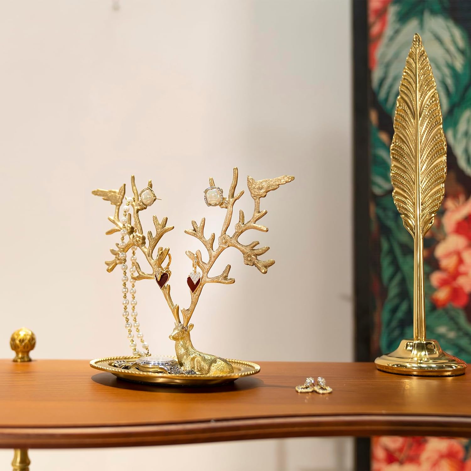 Brass Antlers Jewelry Display Stand,Necklace and Ring Holder-Tree Tower Rack Hanging Organizer for Ring Earrings Necklace Bracelet