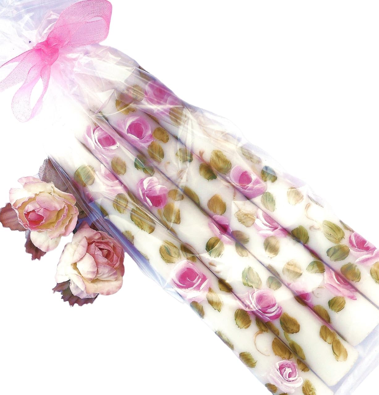 Set of Four 6 InchTall Pretty Hand Painted Pink Rose Dripless Mini Short Taper Candles Flower Shabby Cottage Chic Decor Goddess Arts Collection Handmade