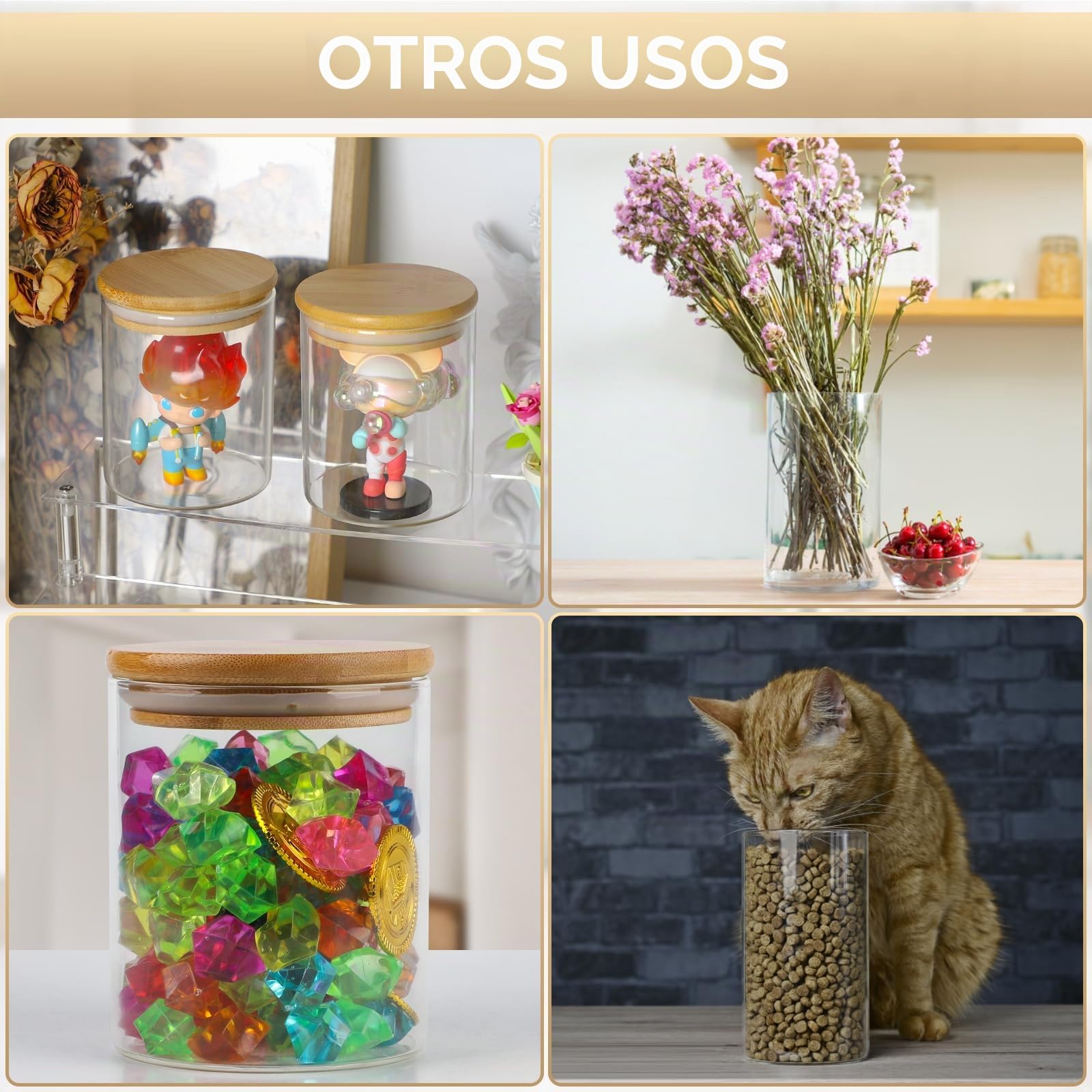 efuturetime Juego de 10 Botes Cocina Almacenaje Cristal, 200ml, Tarros Cristal Hermética con Tapa de Bambú, φ6.5 * 8.8cm, Tarros de Cocina de Vidrio con Etiqueta para Cereales Nueces Polvo