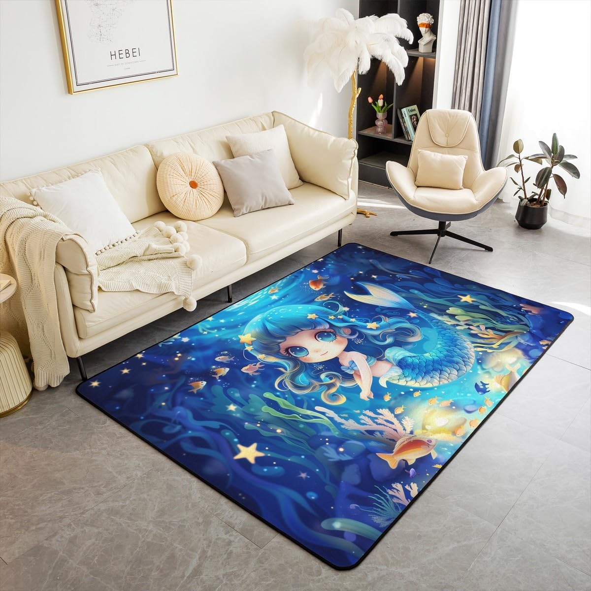 Little Mermaid Princess Area Rug 3'x 5'x 0.39'' Dreamy Bubbles Kawaii Mermaid Girl Indoor Floor Mat for Kids Teens Adults Underwater View Cartoon Plants Non Slip Rug for Bedside Party