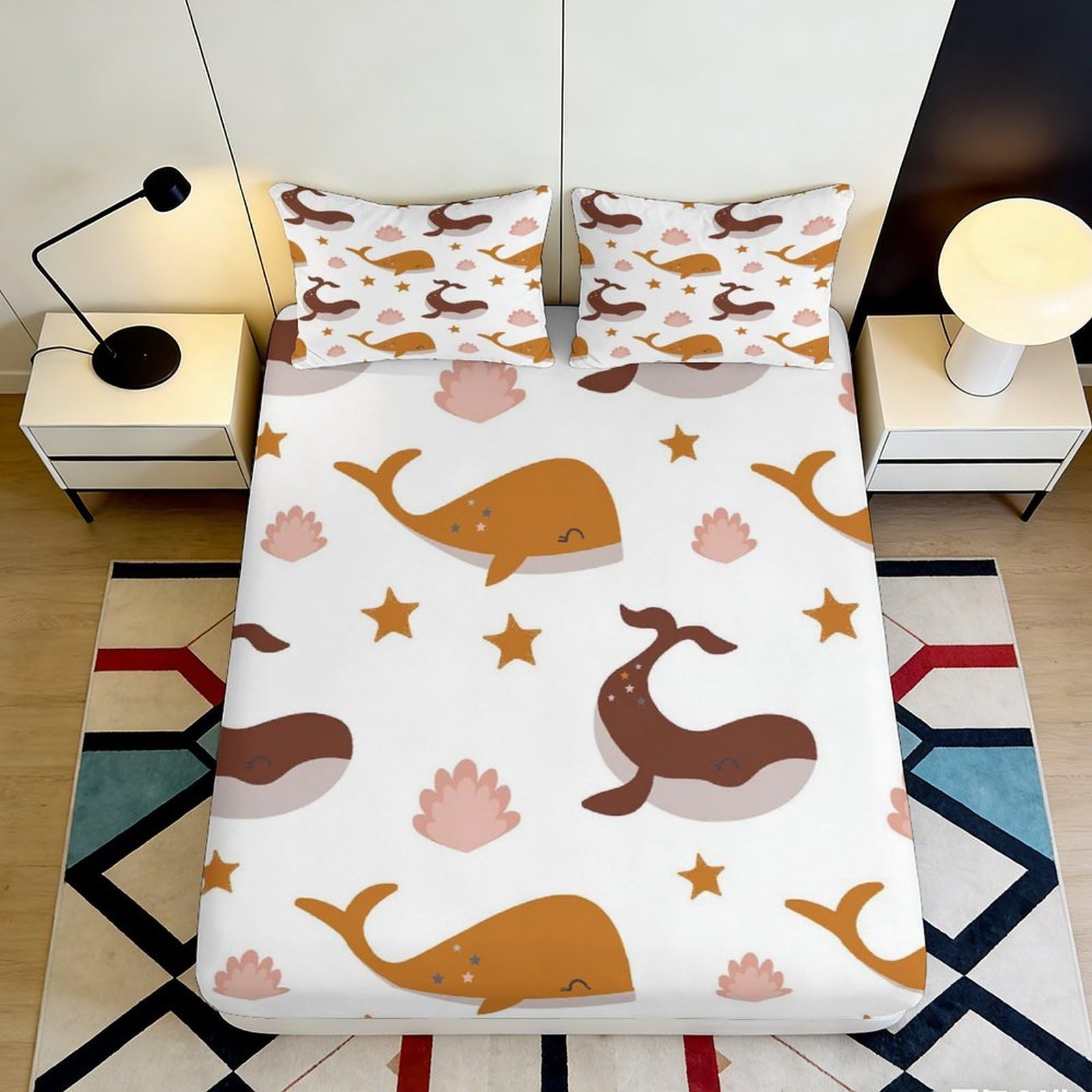 3D Printed Brown Whale Fitted Sheet Microfiber Soft Breathable Starfish Mattress Cover for Bedroom Dorm Decor 90x200x25cm