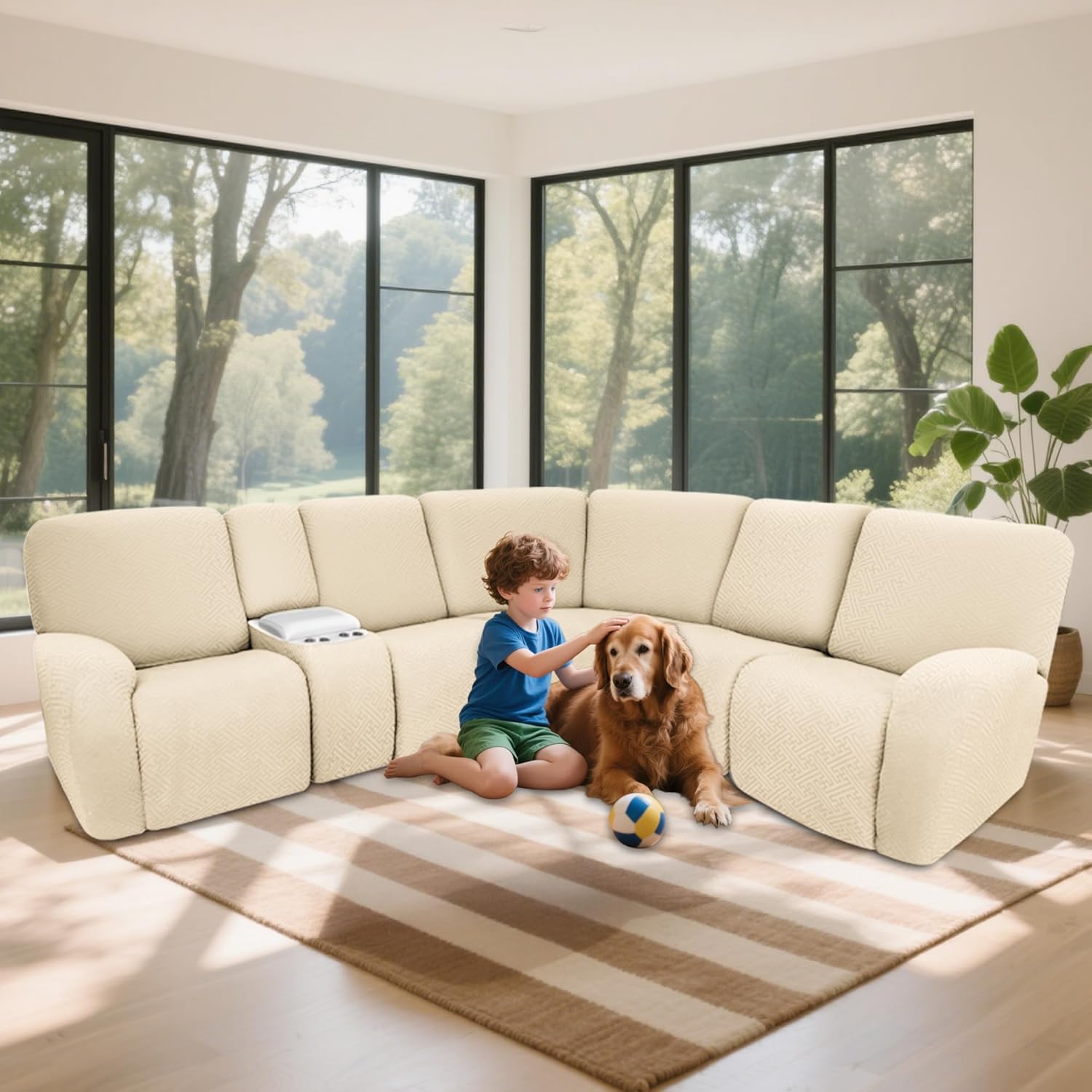 100% waterproof sectional recliner couch covers for reclining couch l shaped corner sectional sofa cover jacquard stretch l shape recliner slipcovers (5 seater 1 console cover, cream) 5 seater 1 console cover cream