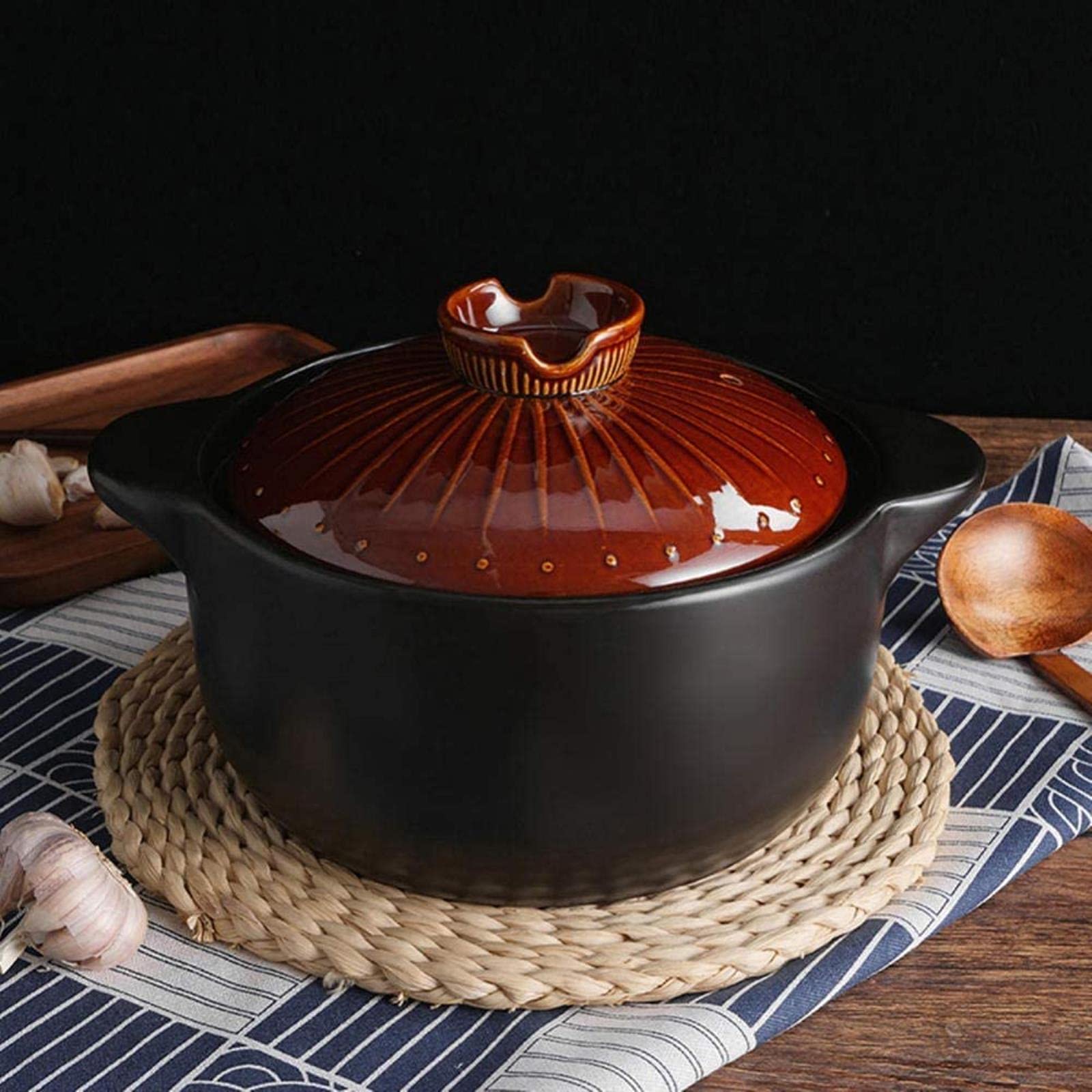 Olla de Barro con Tapa - Olla de Barro de cerámica para Uso doméstico, Apta para cocinar Directamente sobre una Llama Abierta, Ideal para guisos, papillas y sopas, 7,-7L