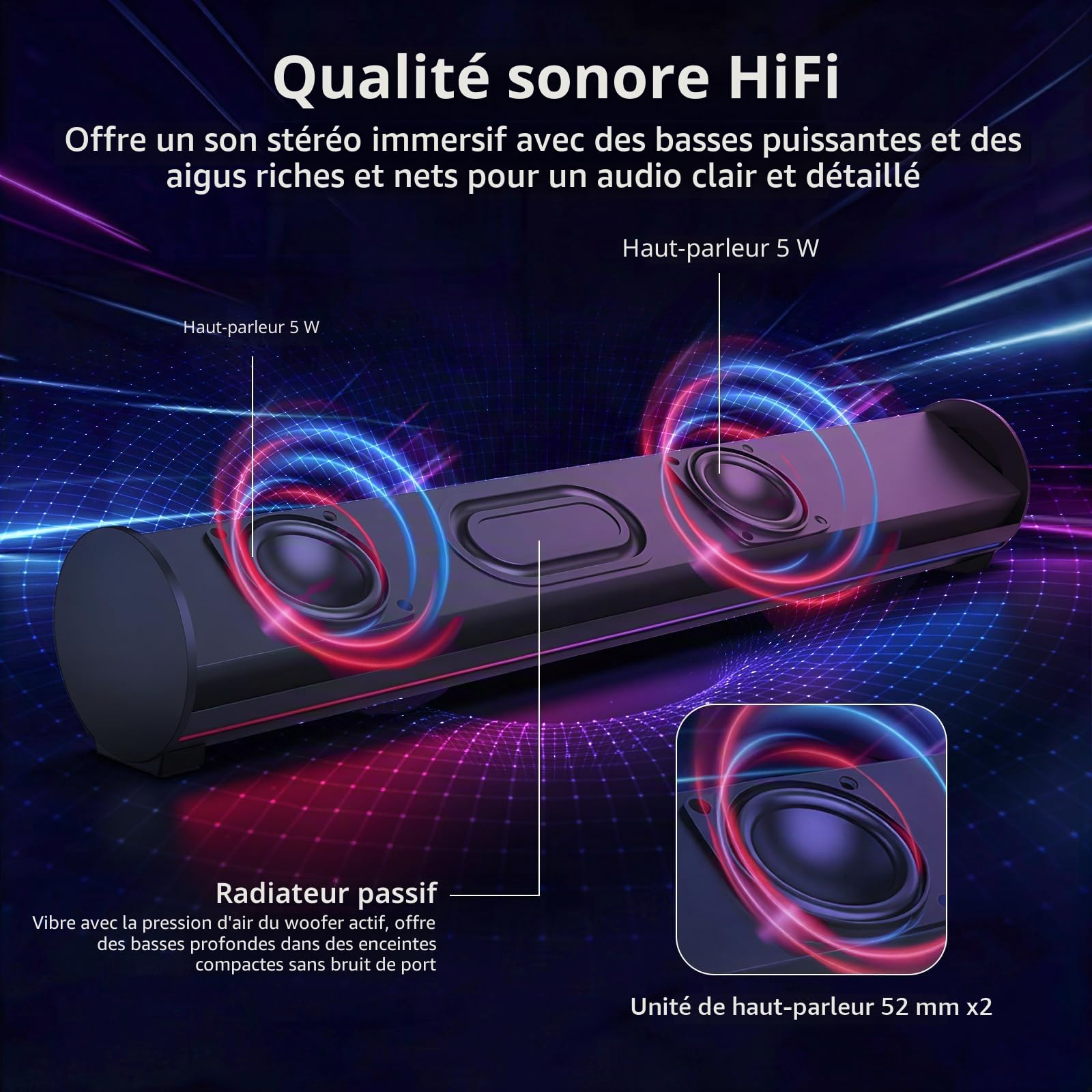 2 en 1 Barre de Son de Gaming avec Microphone Détachable,Enceinte PC Stéréo Alimentation USB,3 EQ Audio,Bluetooth 6.0 Soundbar pour Ordinateur Portable TV