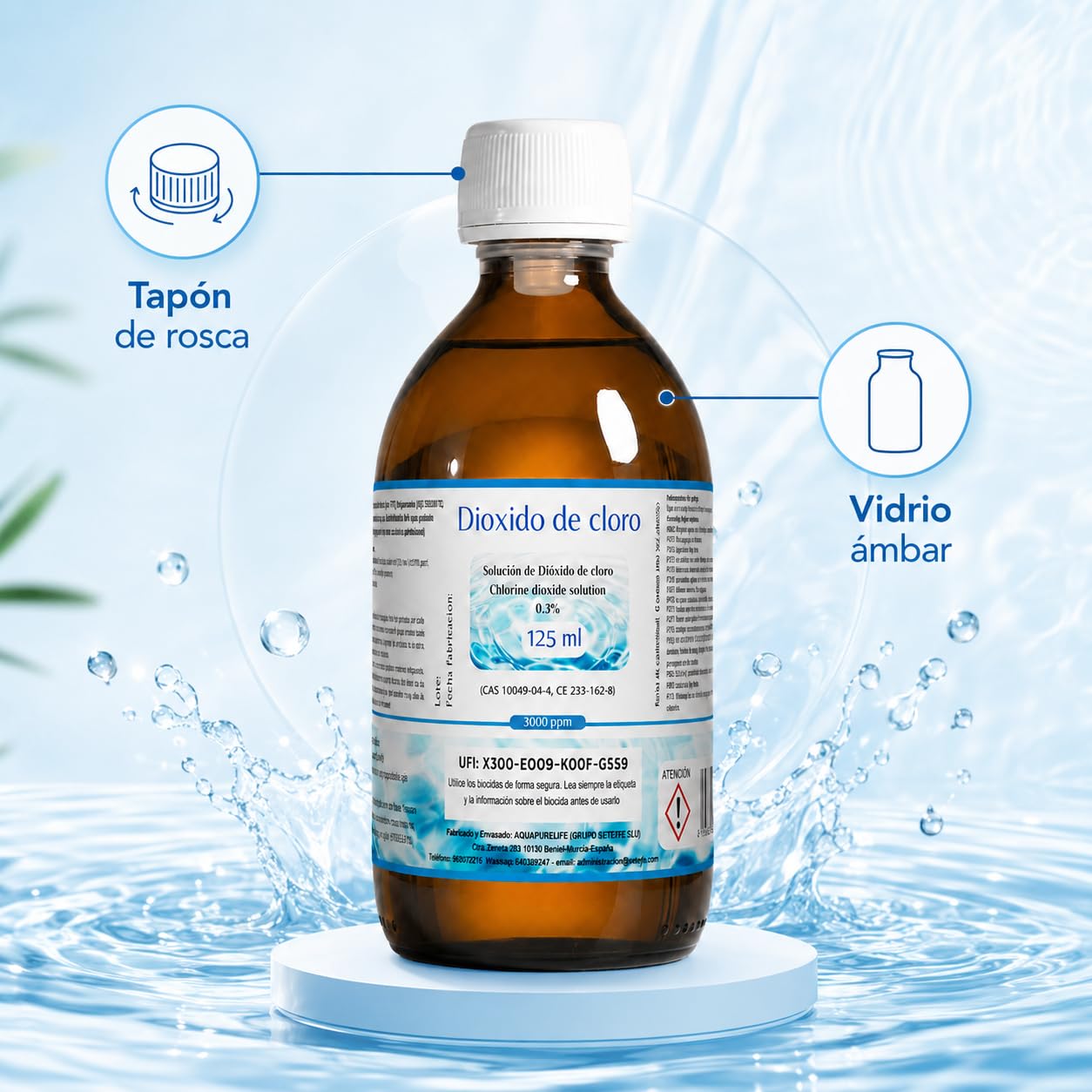 Dioxido de Cloro 3000ppm - CDS 0,3% - Envasado en Botella Cristal Ambar - Fabricado en España (125ml)