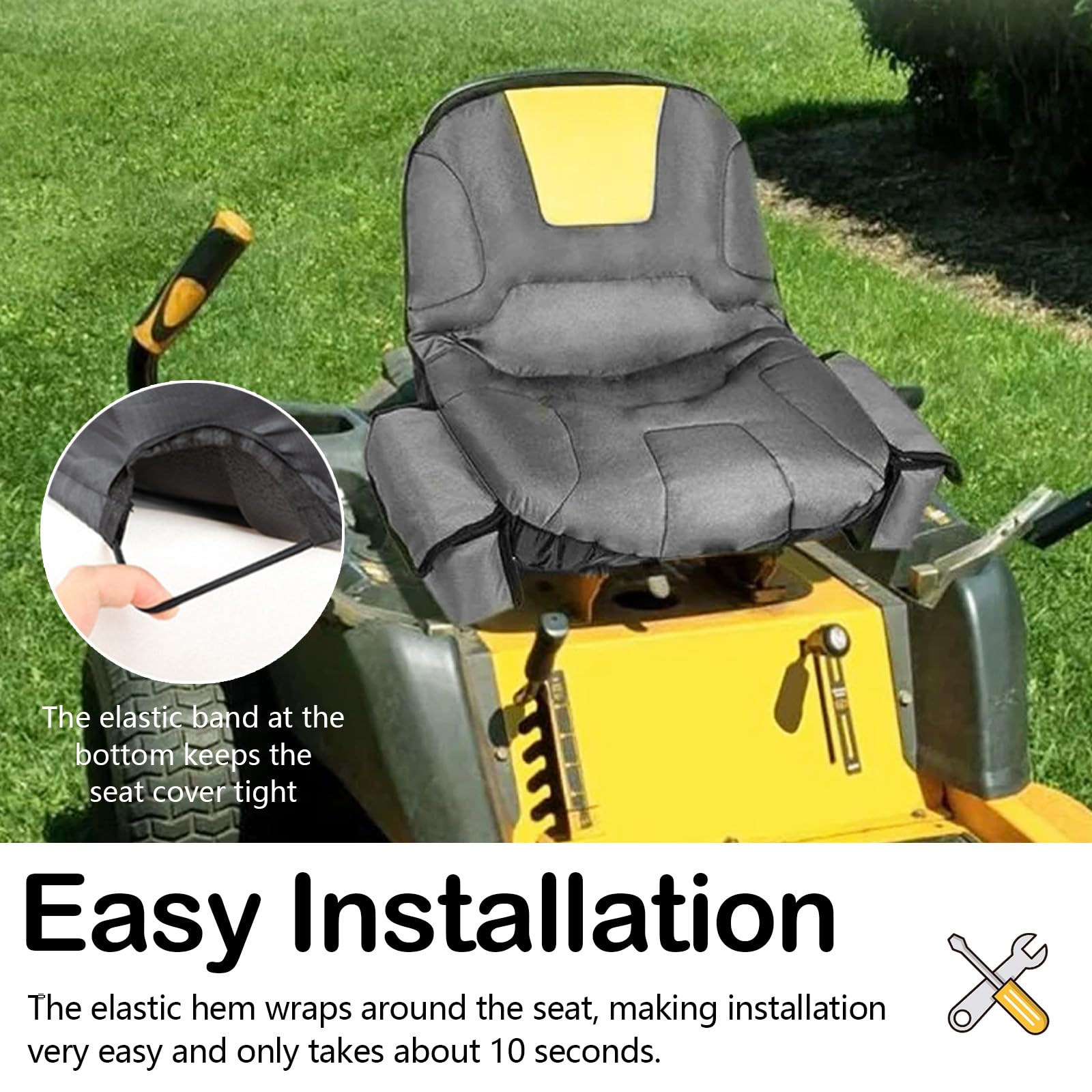 Rasenmäher Sitzbezug, Sitzbezug für Traktor mit Getränke Tasche 600D Oxford-Stoff Rasenmähersitz Schonbezug Rutschschutz Wasserdicht Rasentraktor Reitsitzbezug Rasenmäherzubehör für Rasenmähersitz