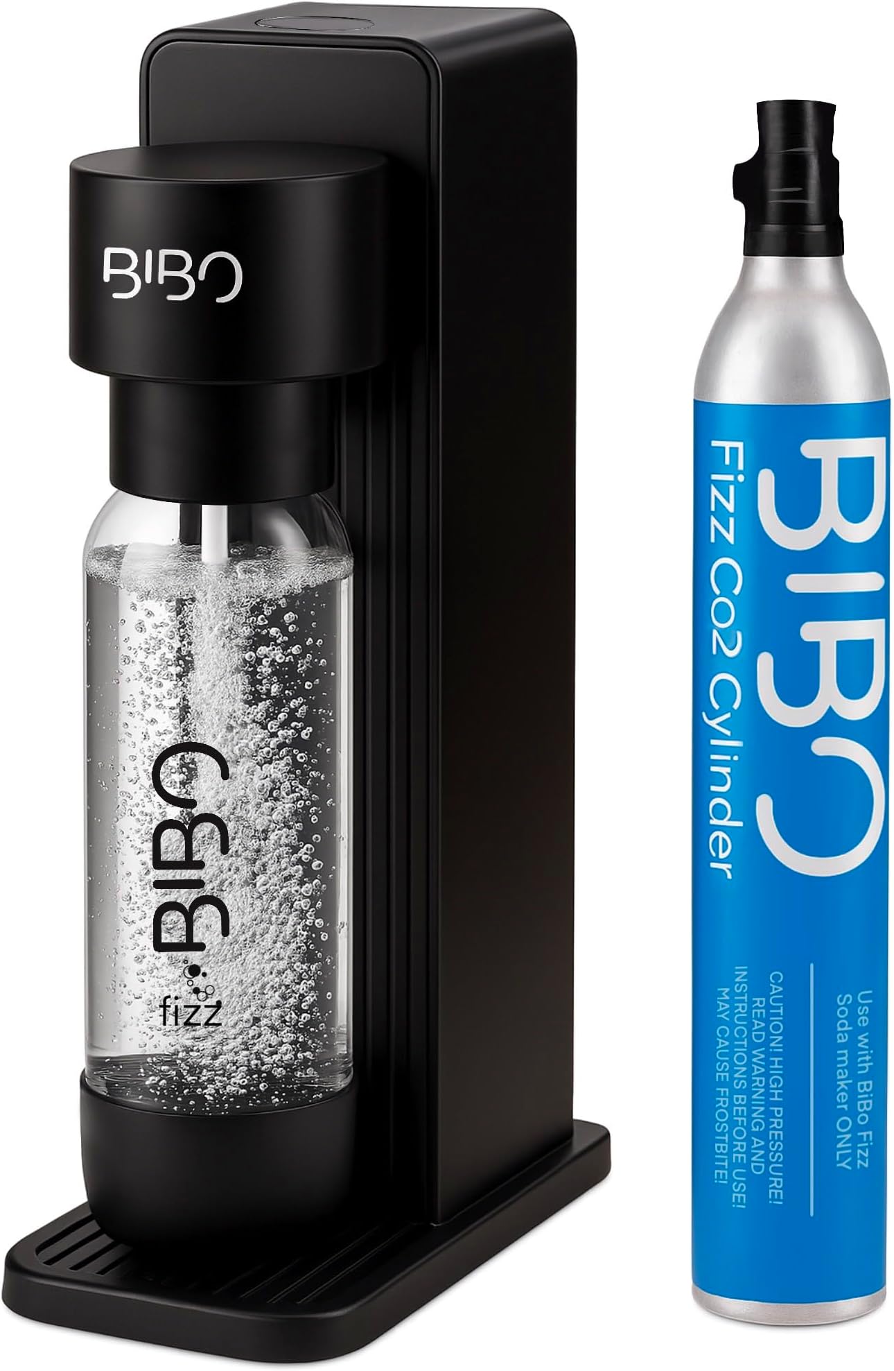 BIBO Sparkling Water Maker | Includes 60L Carbonated Gas Cylinder + 1L BPA-Free Reusable Bottles + Fizzy Soda Water Maker Machine | Quick Screw In CO2 System, Black