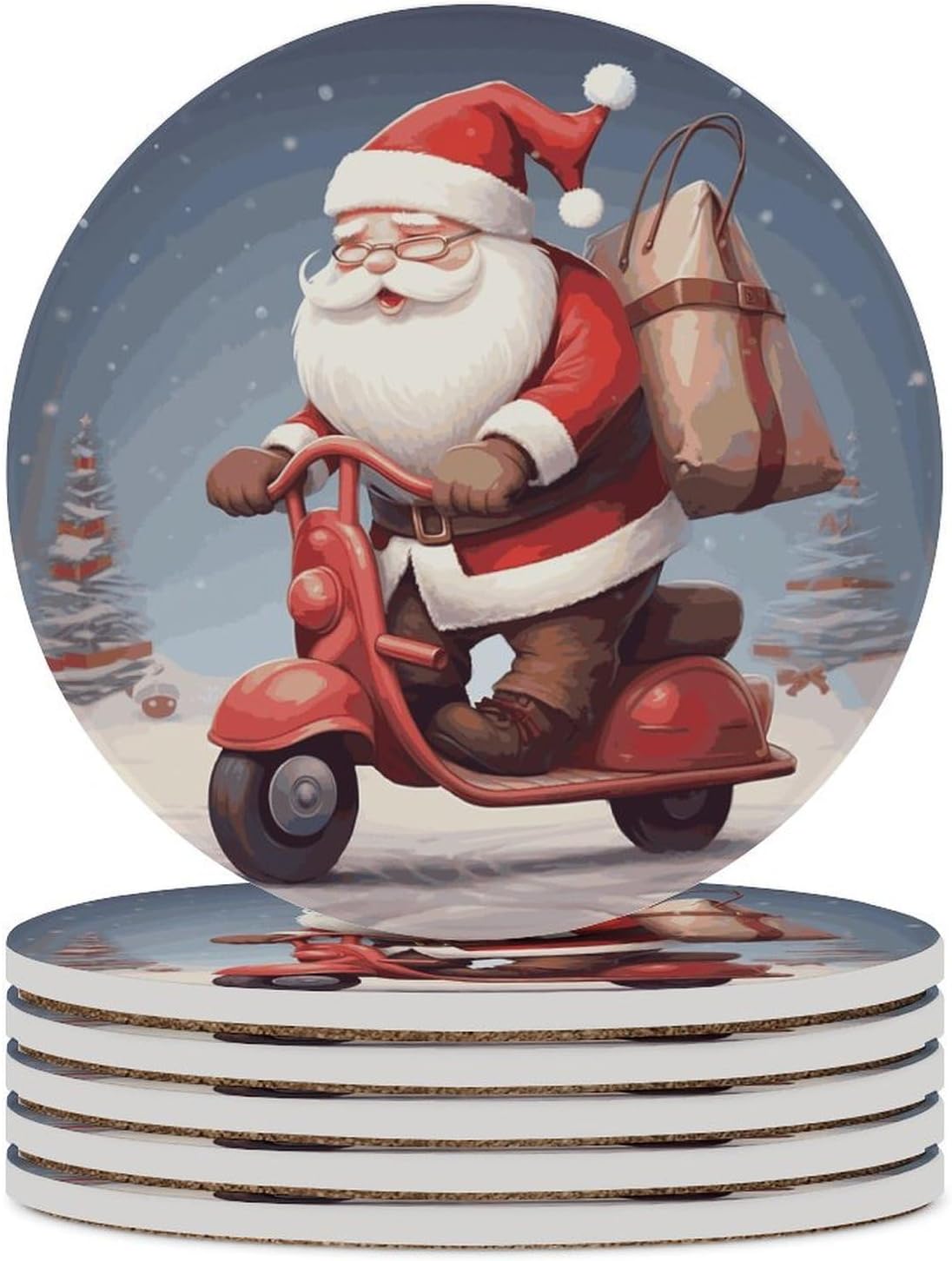 Santa Claus on Scooter Coaster with Cork Base Drink Coasters for Coffee Table Decor Modern Cup Coasters with Non-Slip & Heat-Resistant Cute Ceramic Table Coaster for Home Dining