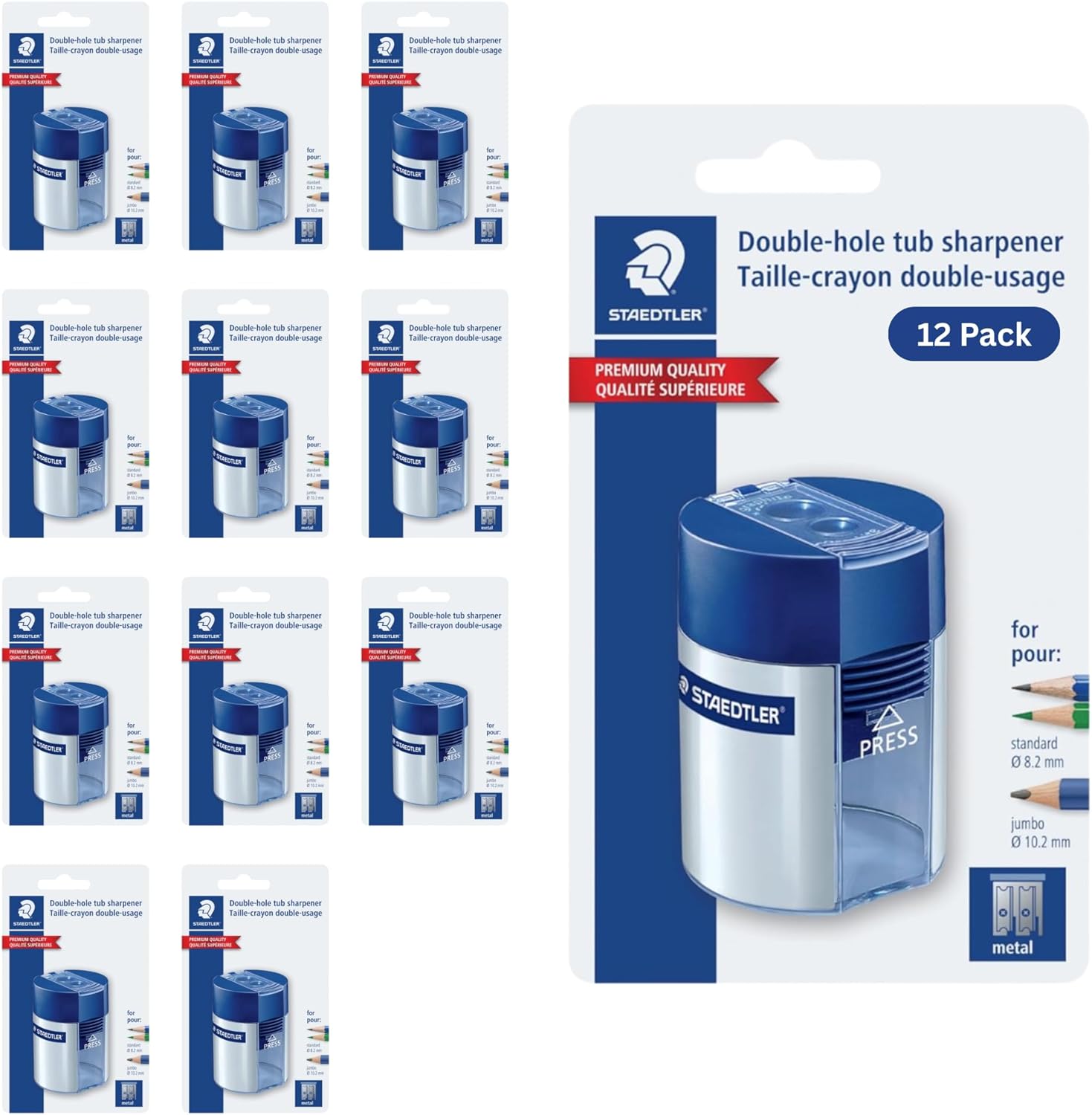 STAEDTLER Pencil Sharpener with 2 Holes - Dual Size Manual Sharpener for Standard, Colored & Makeup Pencils - Compact Design, 12 Pack