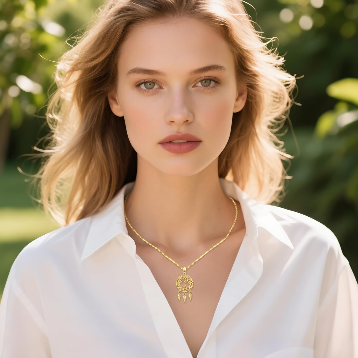 Moissanite Dream Catcher Necklace For Women, 14k Gold Plated Dreamcatcher Necklace With Tree Of Life Accent, Jewelry Gifts For Birthday Anniversary, 18" + 2" Inches