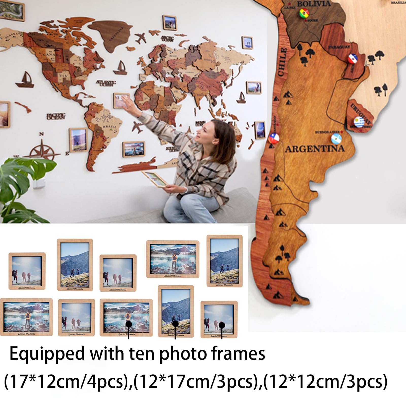 3D LED Holz Weltkarte Wandkunst Extra Groß Beleuchtet Acryl Wandbild Moderne Reise Dekor