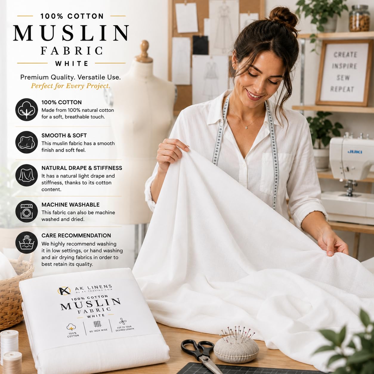 AK TRADING CO. Musselin-Stoff/Textil, gebleicht – Drapierstoff – weiß gebleicht – mittelschwer – 100% Baumwolle (152,4 cm breit)