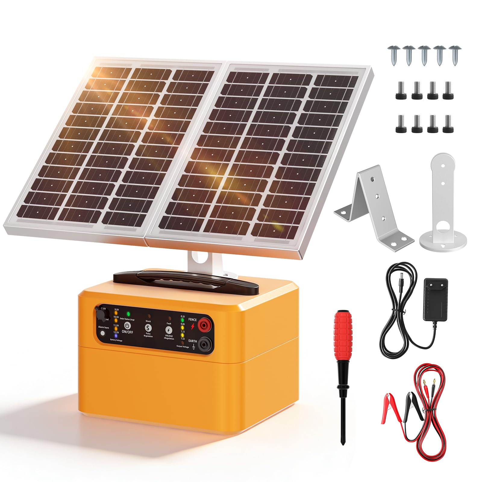 Caricatore solare per recinzione elettrica da 30 km, kit recinzione elettrica regolabile da 0,3 a 1,5 joule con pannello solare da 15 W/batteria da 7 Ah, portatile con uscita fino a 12 kV