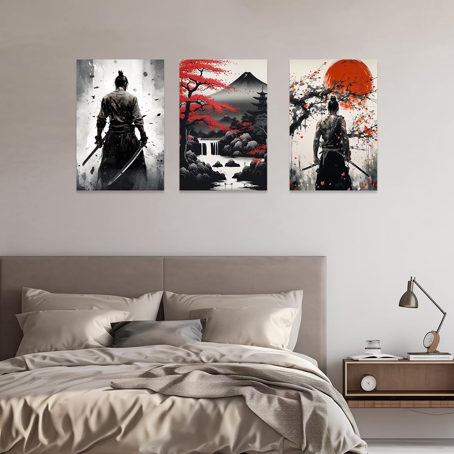 CCWACPP 3 Piece Samurai Wall Art Japan Painting Canvas Print Warrior Figure Pictures Bushido Posters Japanese Culture Theme Artwork Home Room Decor Framed (C, (11"x14"x3))