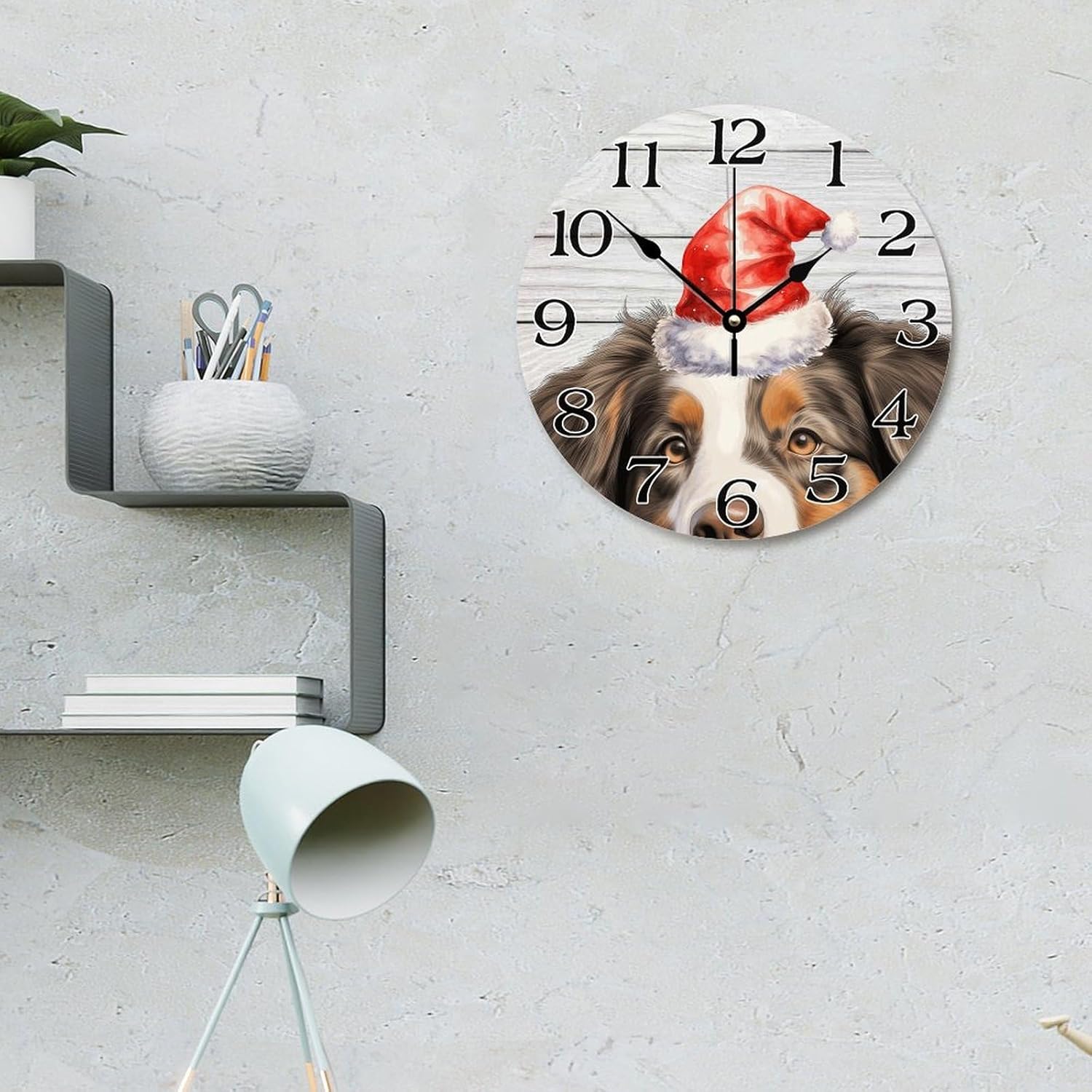 Round Puppy Wooden Clock 12in Christmas Hat Peeking Dog Miniature American Shepherd Silent Non-Ticking Wood Wall Clock for Classroom Nursery Cafe Bar Pub Home Decor