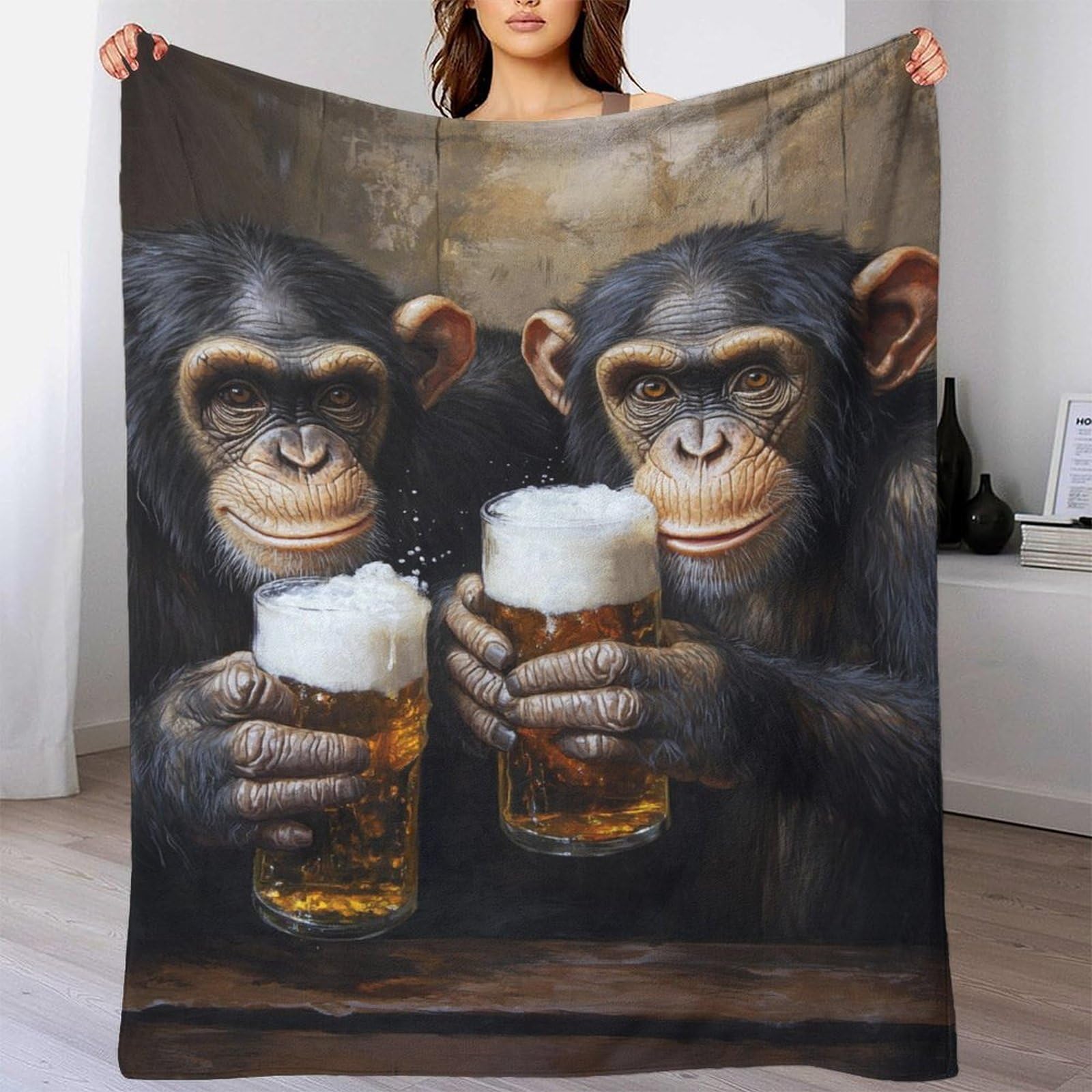 Couverture polaire imprimée 3D chimpanzé plaid chaud flanelle 180x200cm