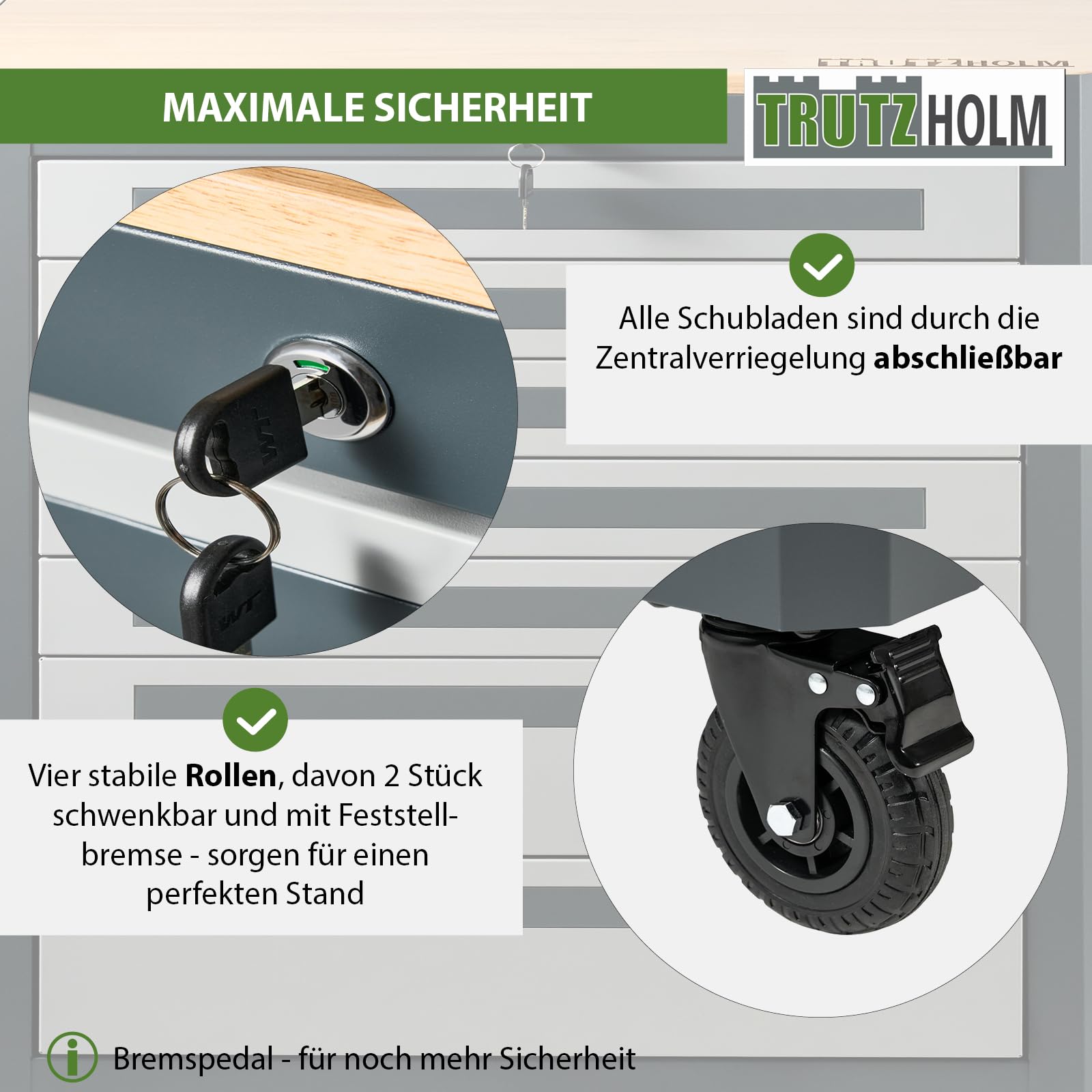 TRUTZHOLM Werkstattwagen 99x82 cm Werkzeugwagen leer mit 7 Schubladen, Holzarbeitsplatte, rollbar, Werkzeugschrank mit Rollen, Papierrollenhalter, Steckfach, Anthrazit Grau