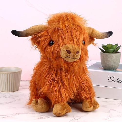 Miniatura 4 de TMEEIHNSS - Juguete de peluche de vaca de las tierras altas, peluche esponjoso de toro de las tierras altas de 10 pulgadas, muñeca de vaca suave,