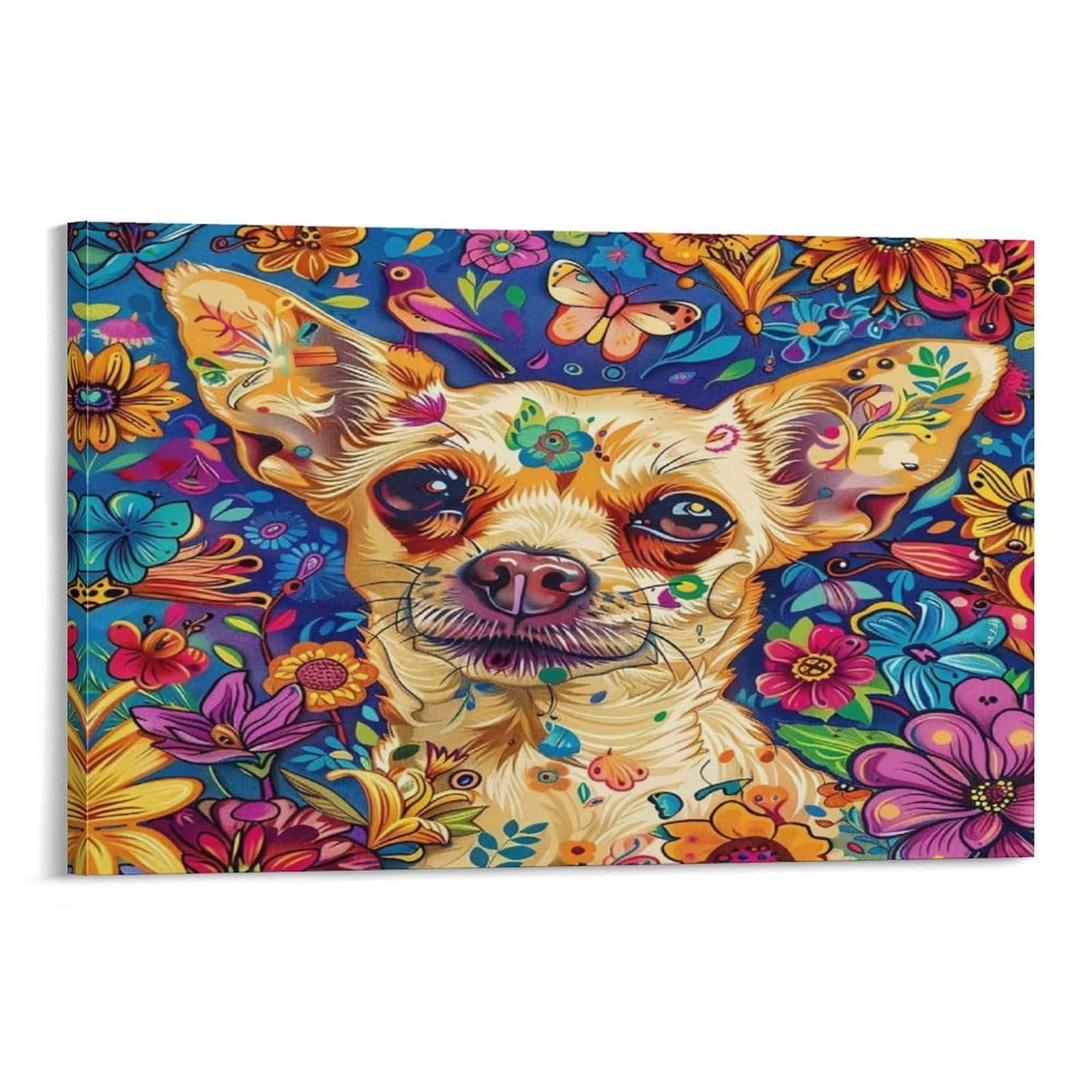CPLVKWRQJ Snowy Forest Dog with Pinecones Individual Color Chihuahua Surrounded Vibrant Wildflowers Canvas Wall Hanging - Office Wall Focal Art Fade Resistant Statement Piece Decor 08x12inch(20x30cm)